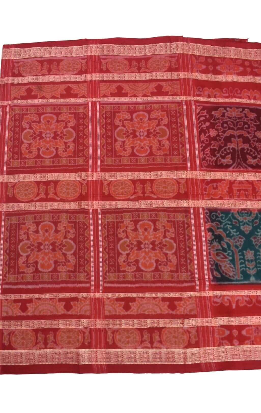 Red Colour Double Border Sambalpuri Handloom Cotton Bandha Saree - Image 2