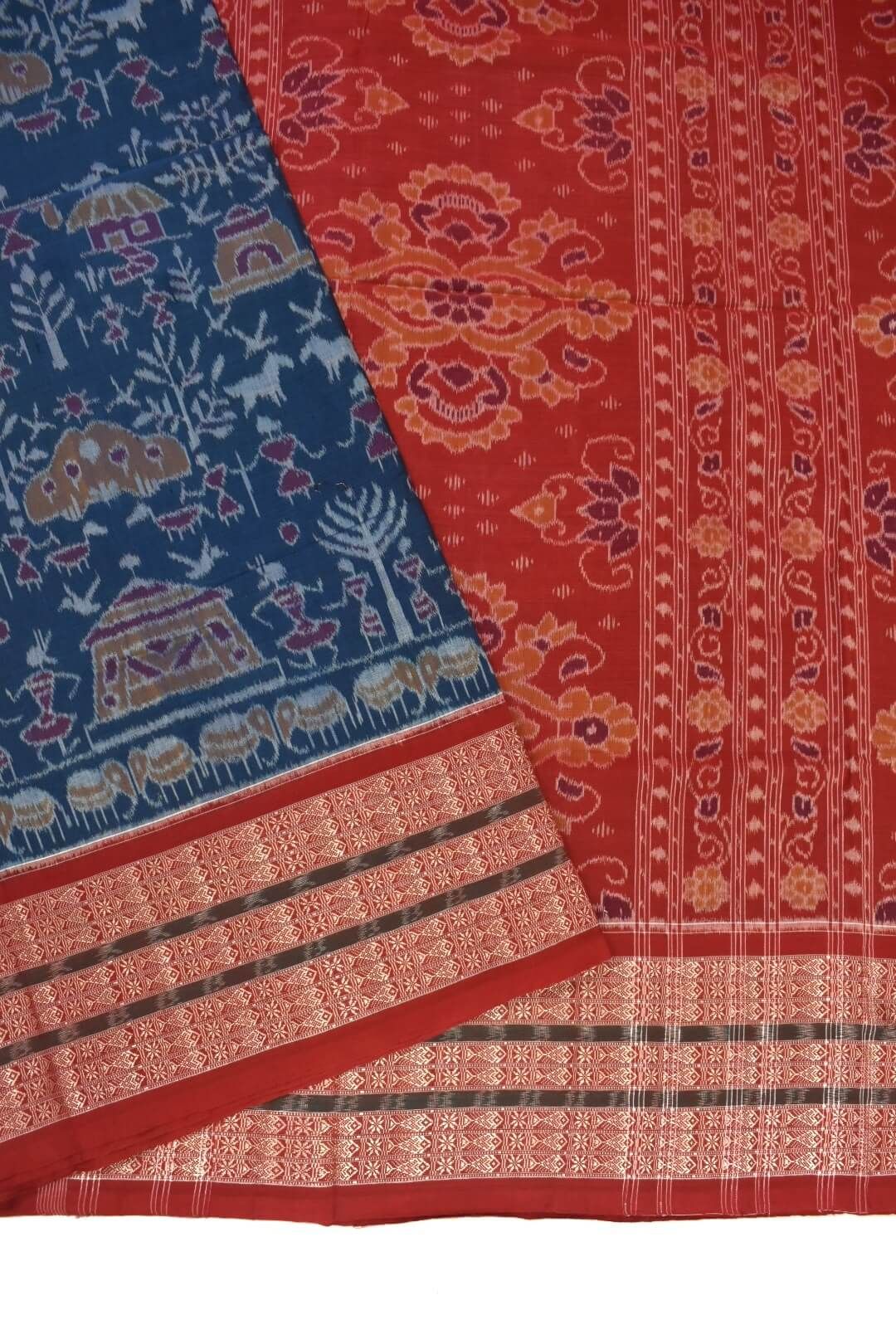 Blue Colour Tribal Design Sambalpuri Handloom Cotton Saree - Image 3