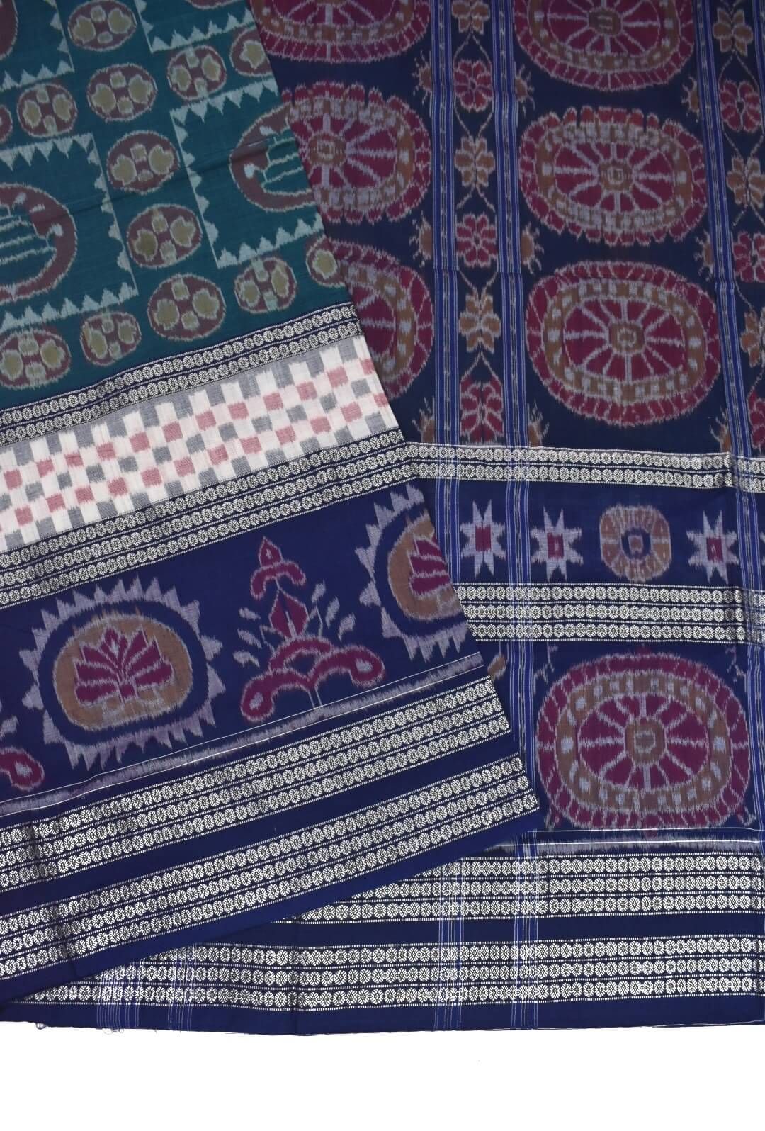 Green-Blue Colour Sambalpuri Handloom Cotton Bandha Saree - Image 3