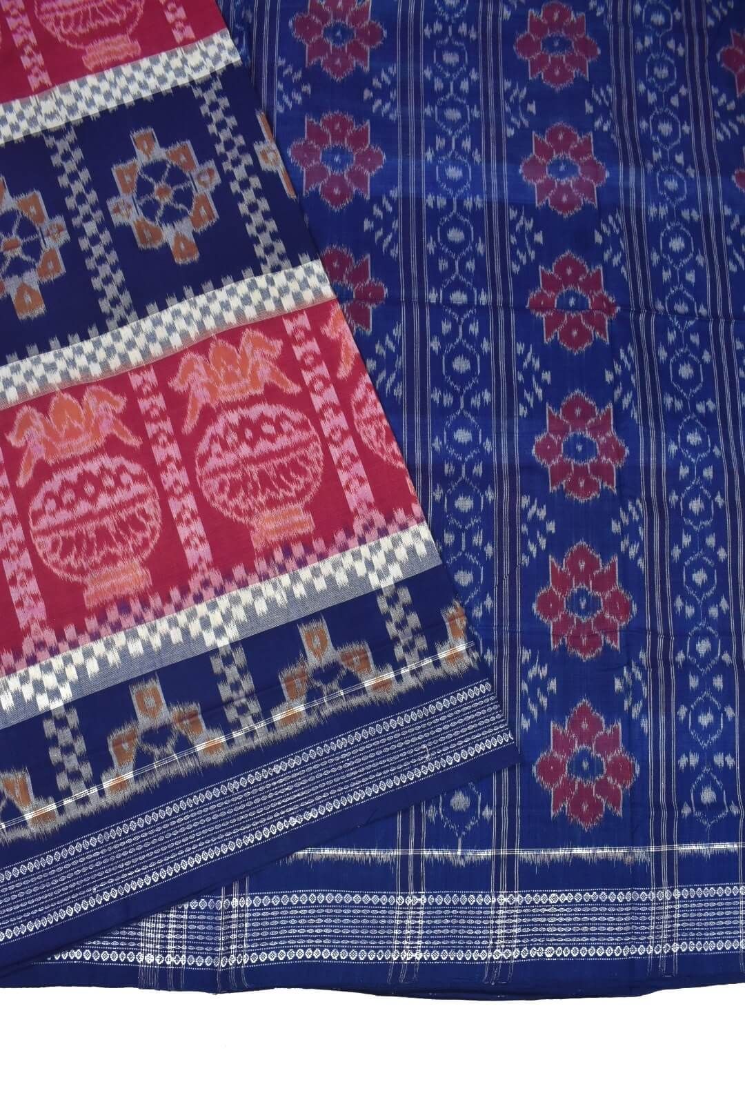 Blue-Pink Colour Double Border Sambalpuri Handloom Cotton Bandha Saree - Image 3