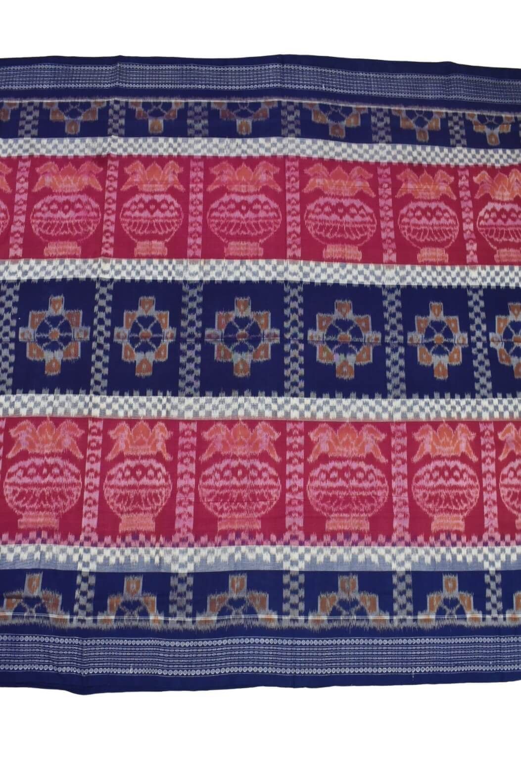 Blue-Pink Colour Double Border Sambalpuri Handloom Cotton Bandha Saree