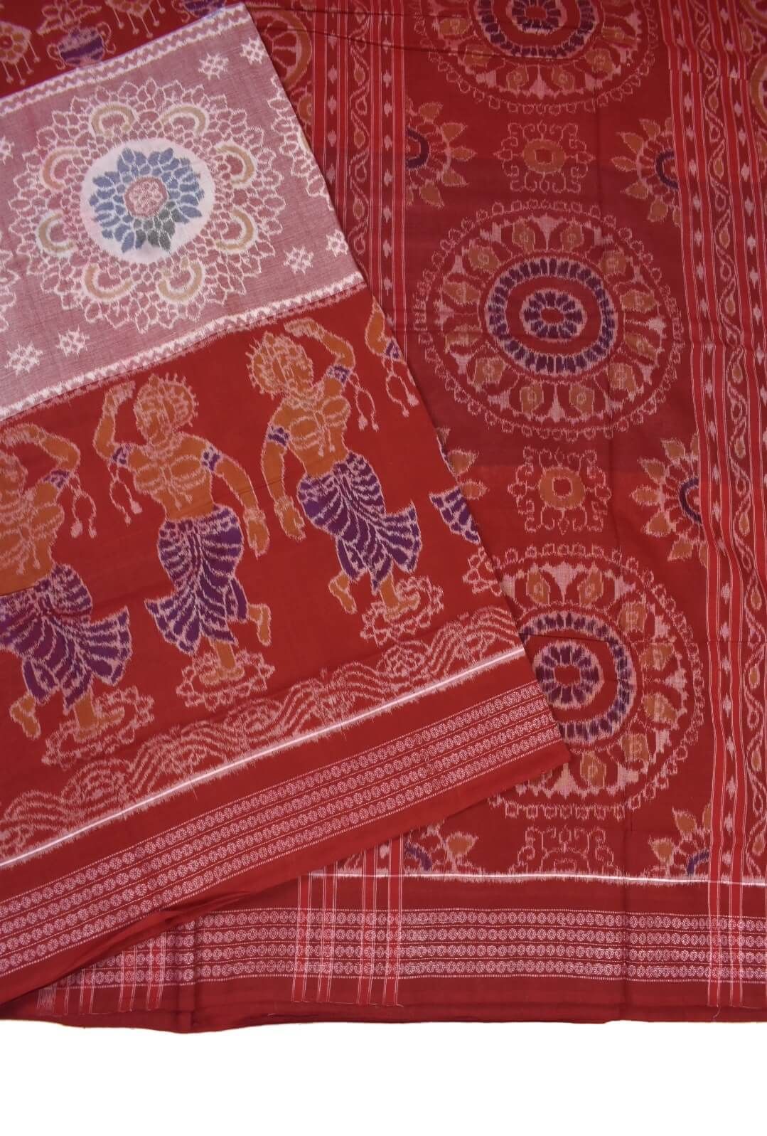 Red-Peach Colour Plane Border Sambalpuri Handloom Cotton Bandha Saree - Image 3