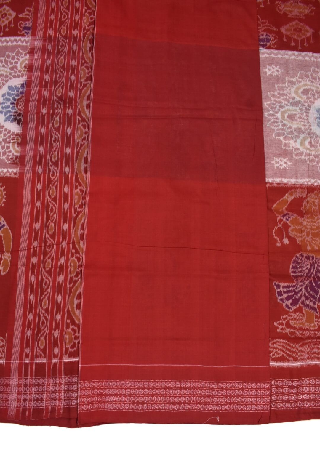 Red-Peach Colour Plane Border Sambalpuri Handloom Cotton Bandha Saree - Image 5