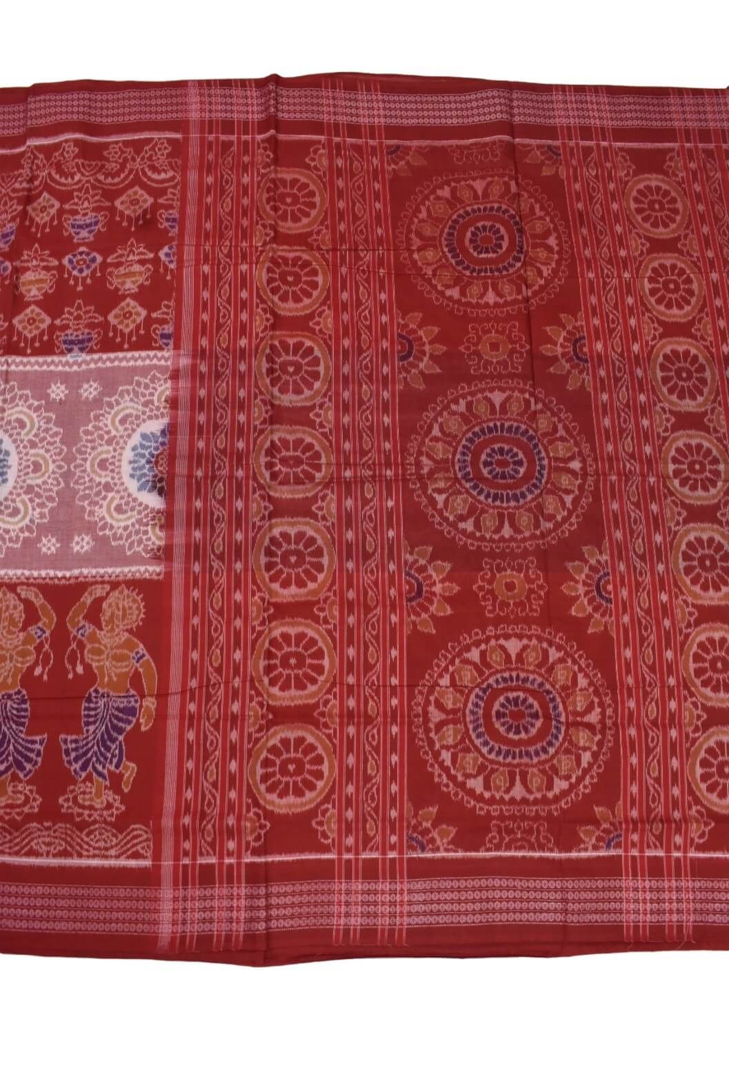 Red-Peach Colour Plane Border Sambalpuri Handloom Cotton Bandha Saree - Image 2