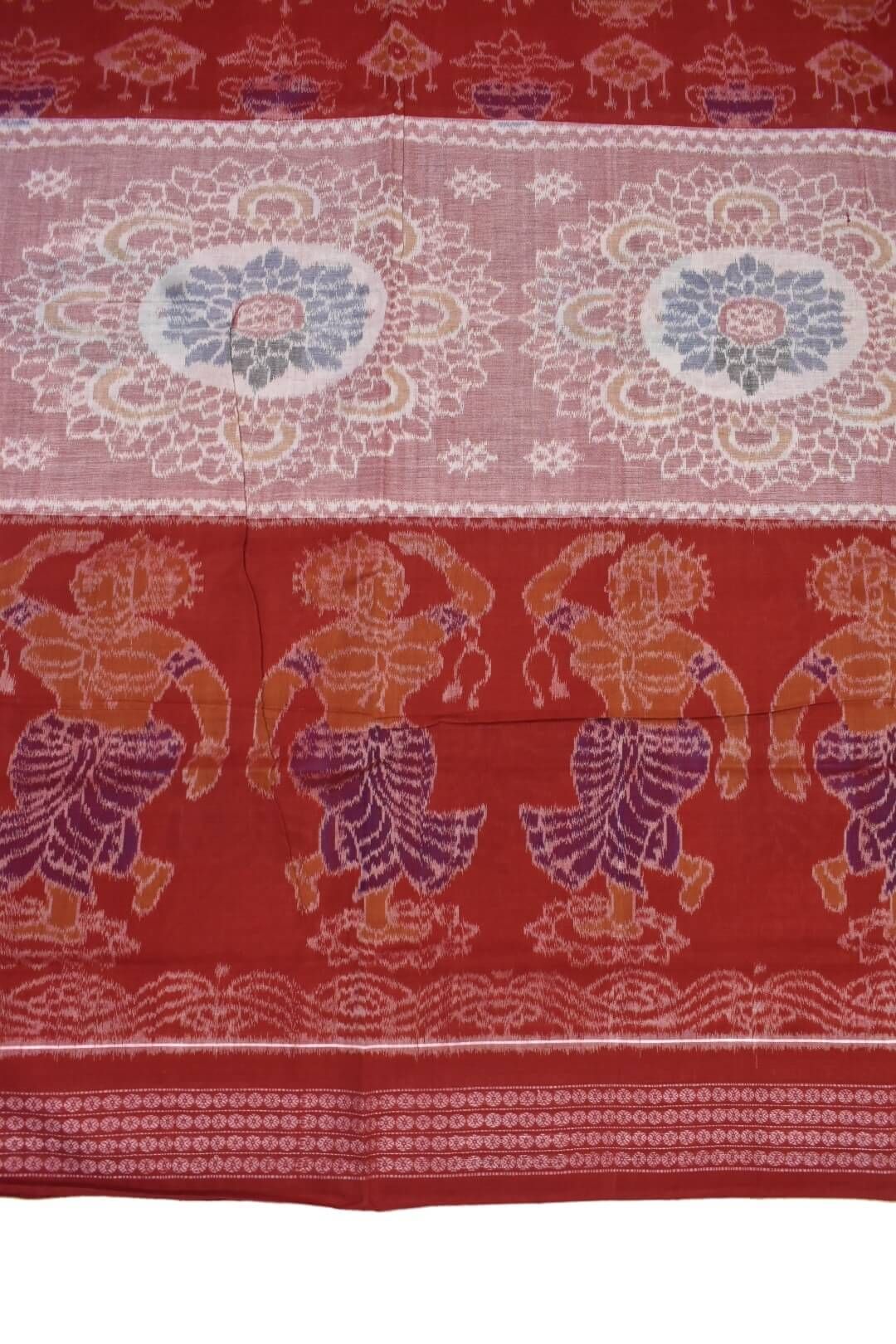 Red-Peach Colour Plane Border Sambalpuri Handloom Cotton Bandha Saree - Image 4