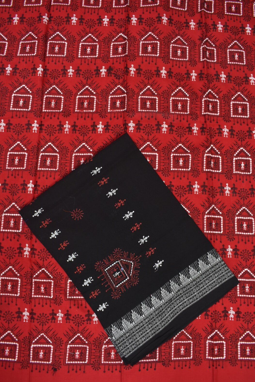 Red Colour Sambalpuri Handloom Cotton Bomkai Dress Material - Image 3
