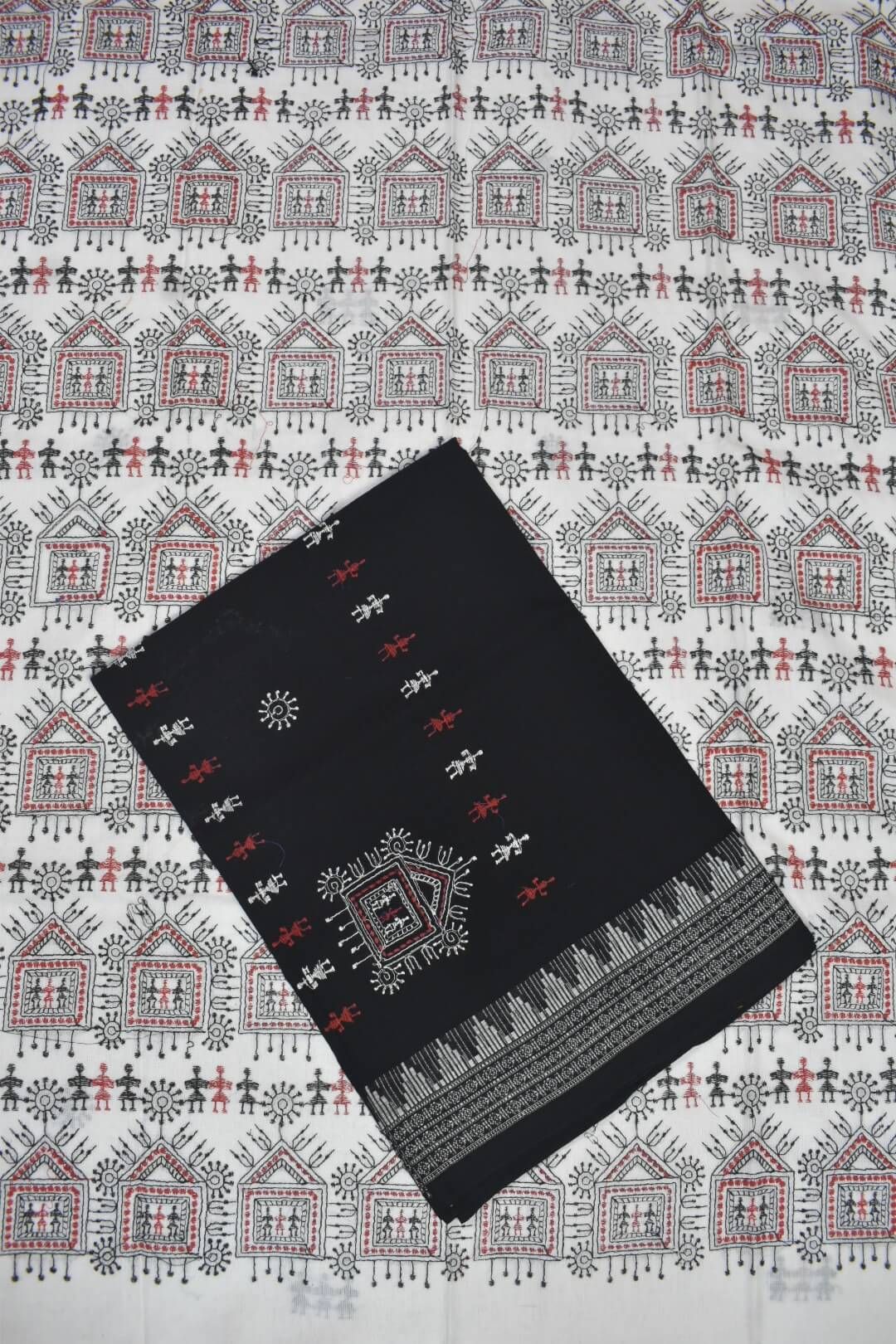 White Colour Sambalpuri Handloom Cotton Bomkai Dress Material - Image 3