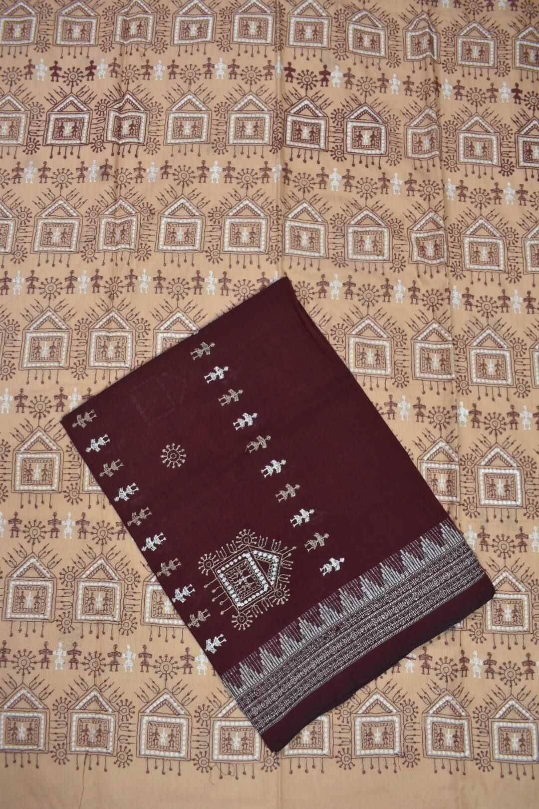 Cream Colour Sambalpuri Handloom Cotton Bomkai Dress Material - Image 3