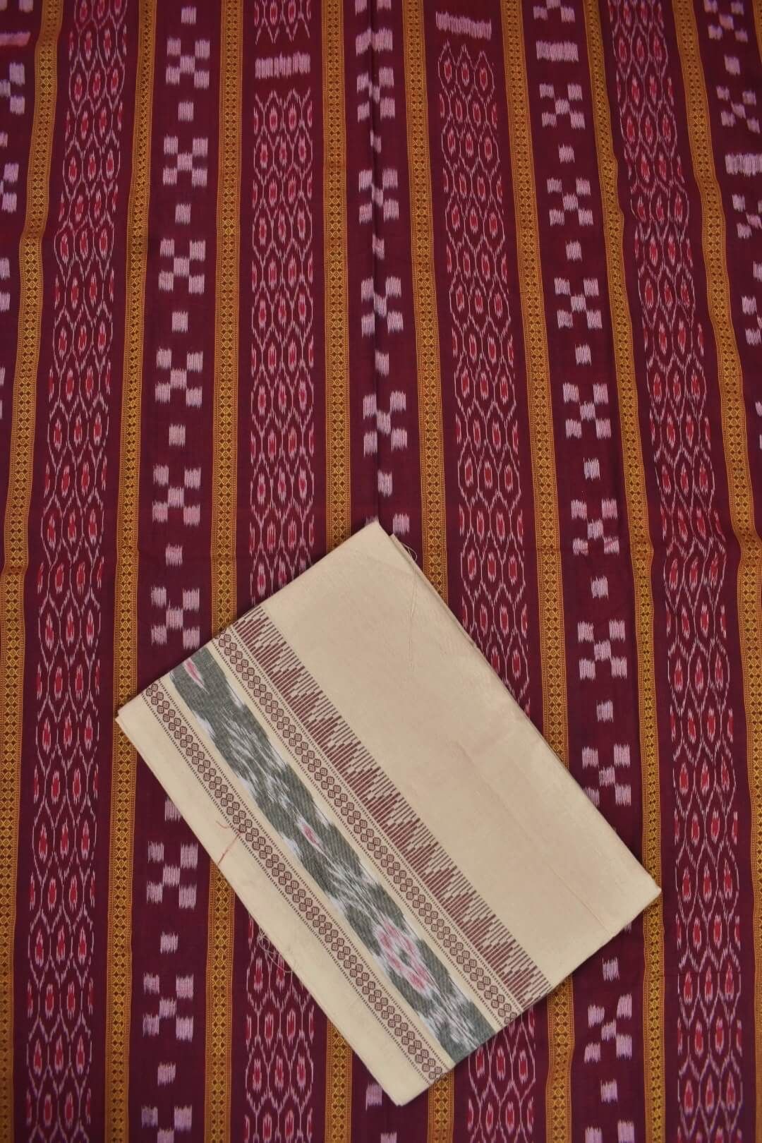 Maroon Colour Sambalpuri Handloom Cotton Bomkai Dress Material - Image 3