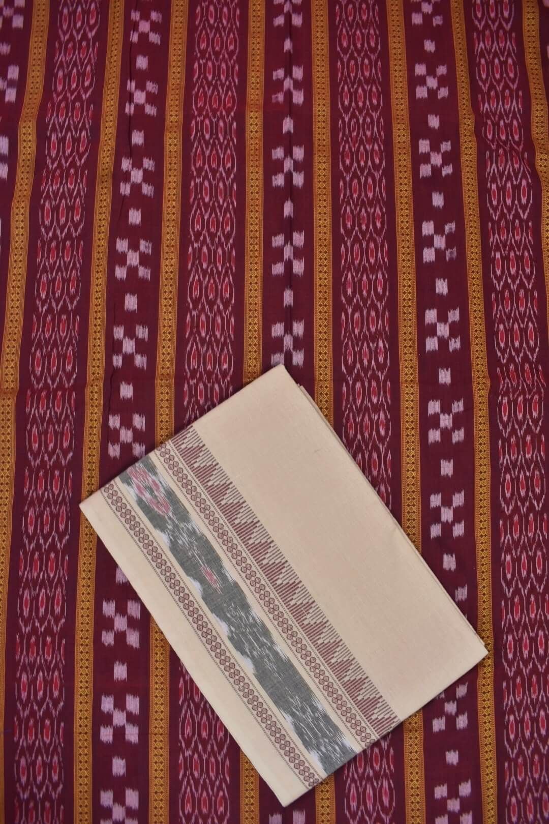 Maroon Colour Sambalpuri Handloom Cotton Bomkai Dress Material - Image 3