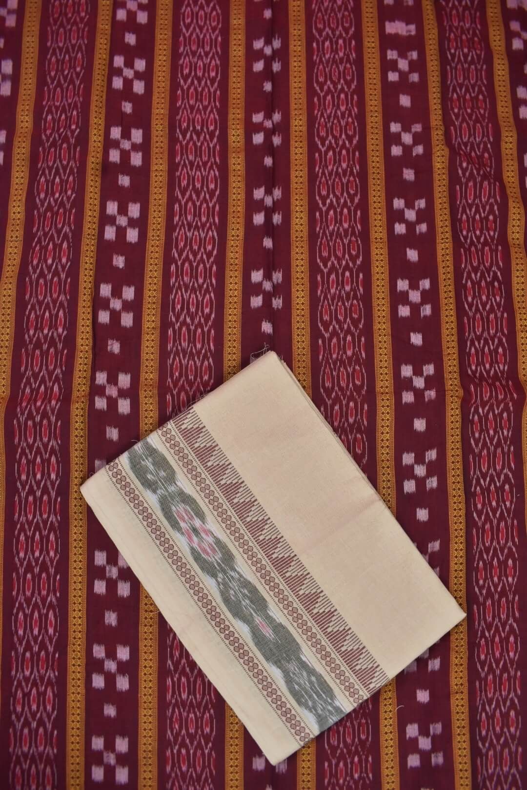 Maroon Colour Sambalpuri Handloom Cotton Bomkai Dress Material - Image 3