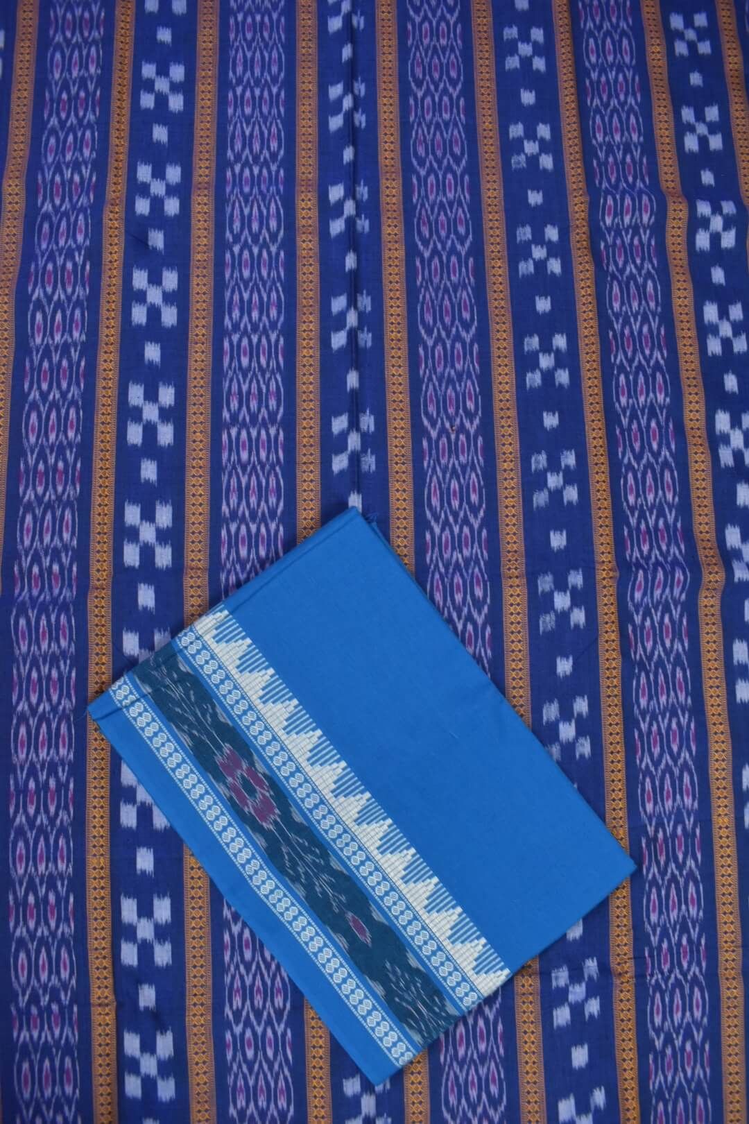 Blue Colour Sambalpuri Handloom Cotton Bomkai Dress Material - Image 3