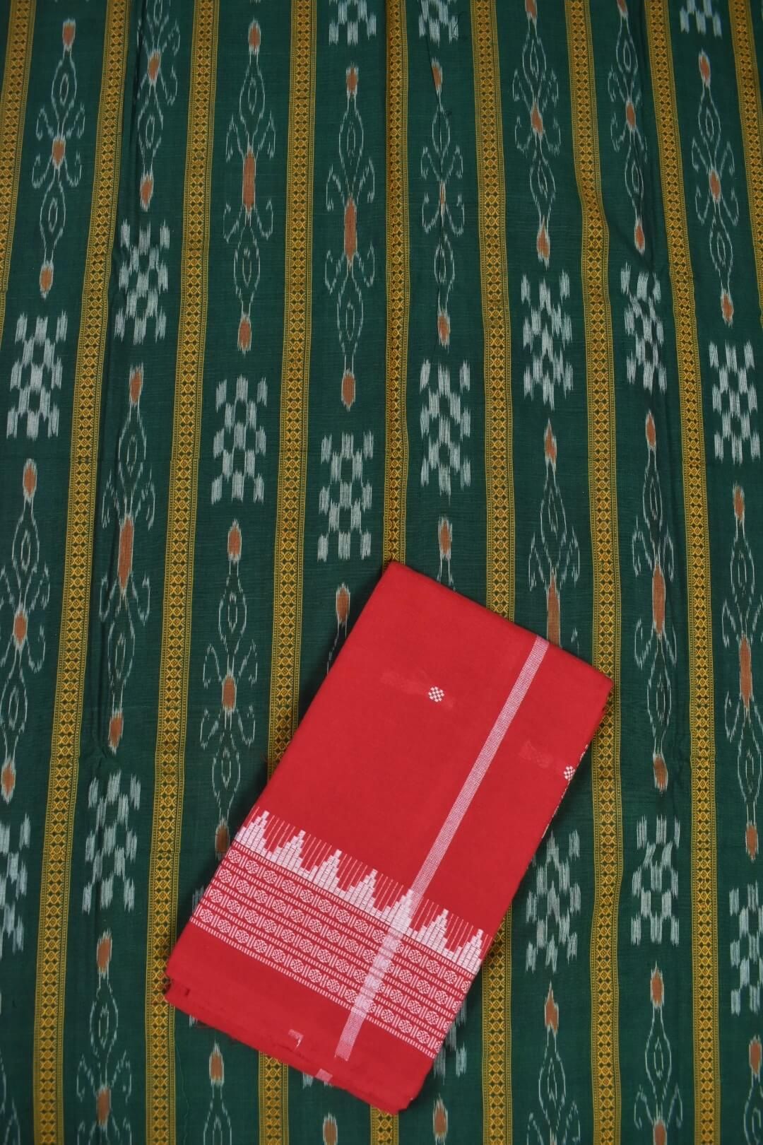 Green Colour Sambalpuri Handloom Cotton Bomkai Dress Material - Image 3