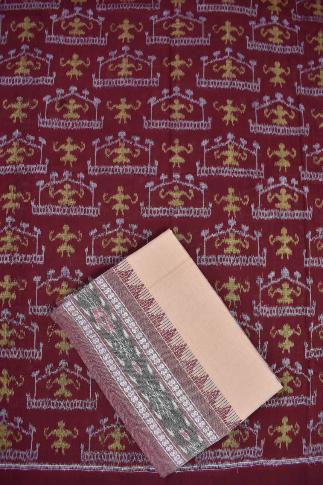 Maroon Colour Sambalpuri Handloom Cotton Dress Material - Image 3