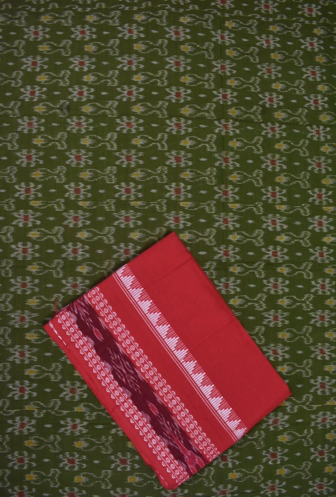 Green Colour Sambalpuri Handloom Cotton Dress Material - Image 3