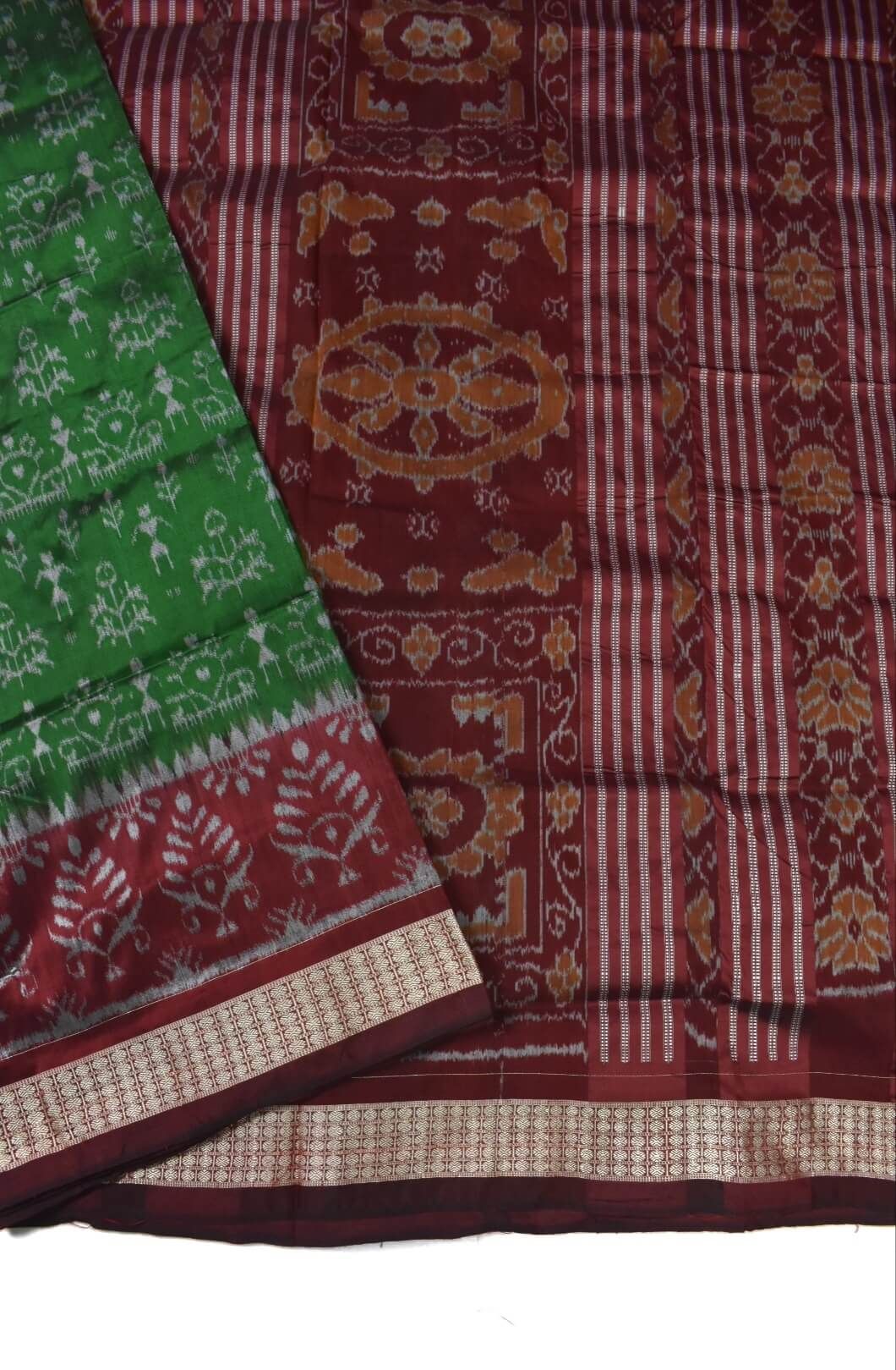 Green-Red Colour Patli Design Sambalpuri Handloom Silk Saree - Image 4