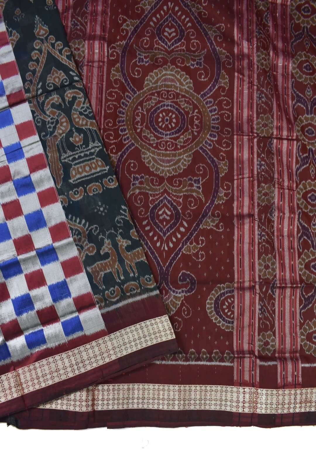 Blue-Red Colour Pasapali Design Sambalpuri Handloom Bandha Silk Saree - Image 3