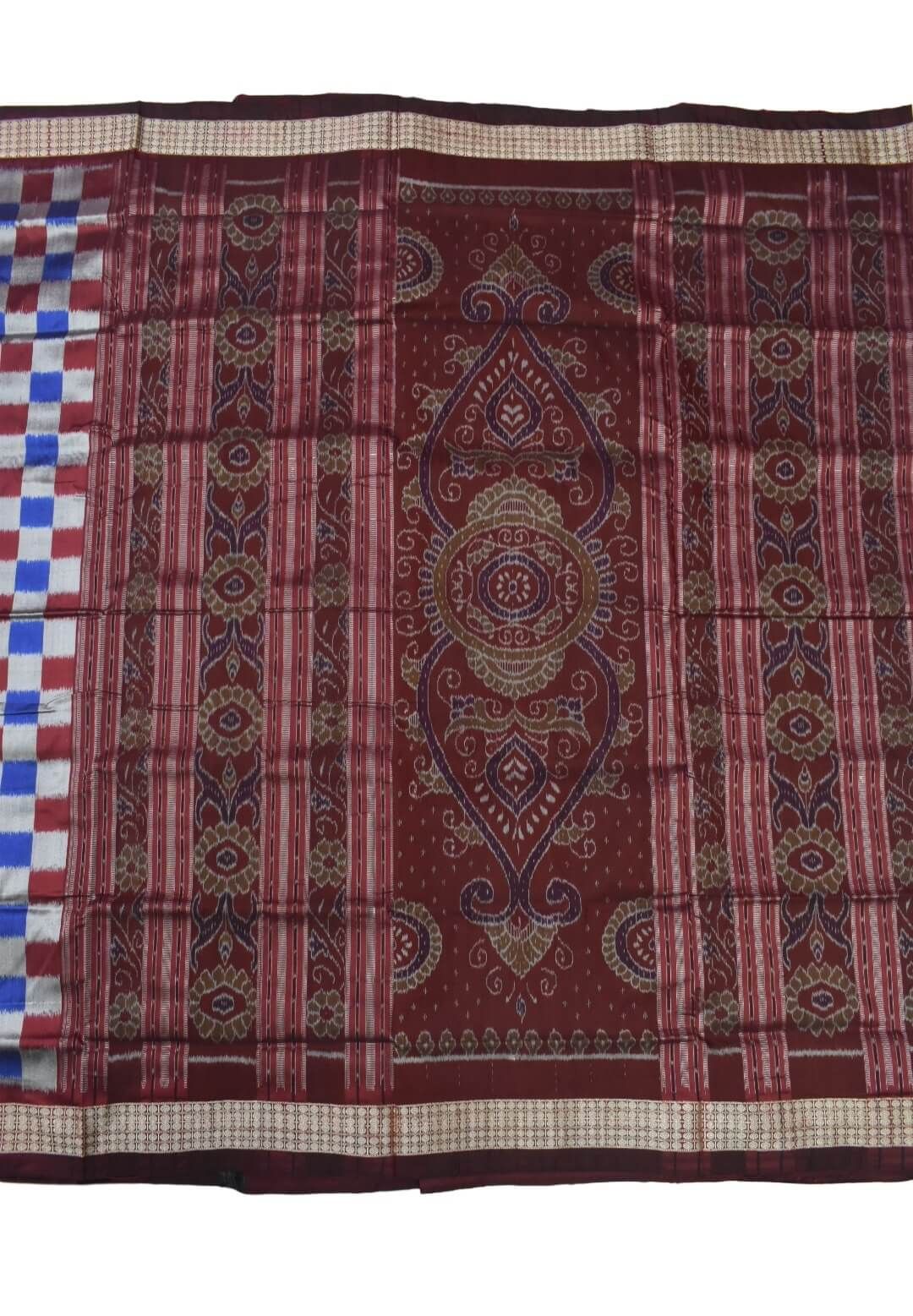 Blue-Red Colour Pasapali Design Sambalpuri Handloom Bandha Silk Saree - Image 2