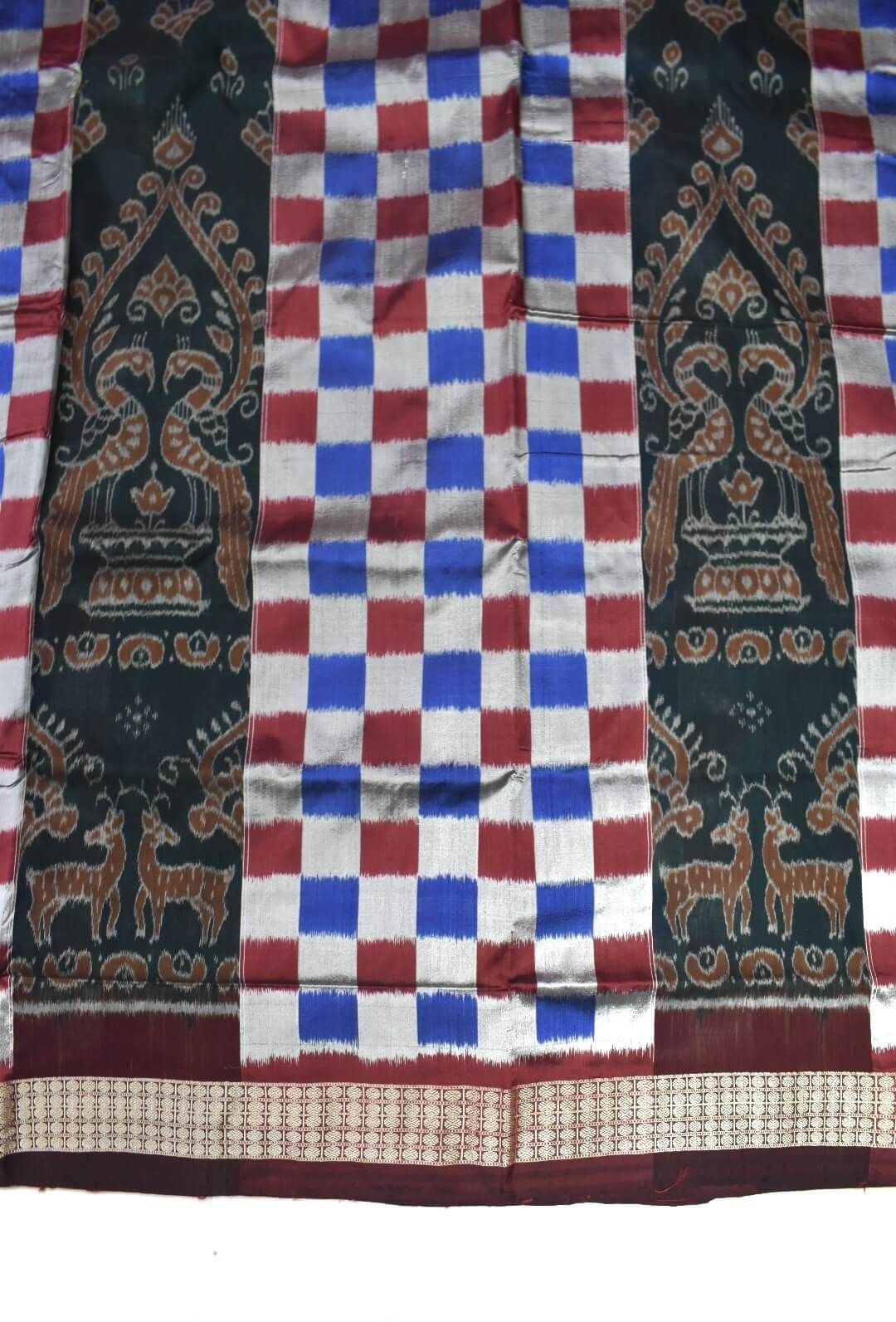 Blue-Red Colour Pasapali Design Sambalpuri Handloom Bandha Silk Saree - Image 4