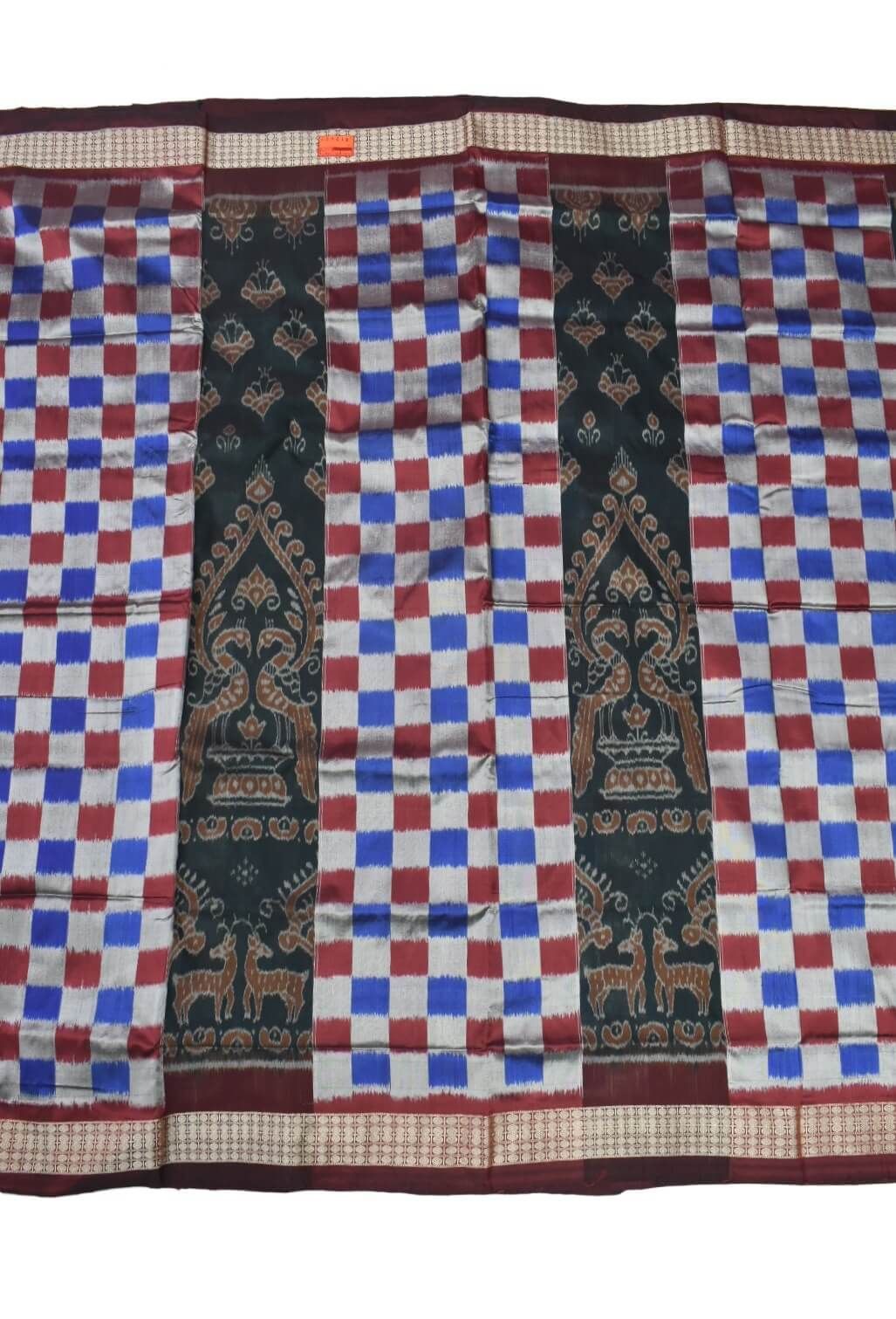 Blue-Red Colour Pasapali Design Sambalpuri Handloom Bandha Silk Saree