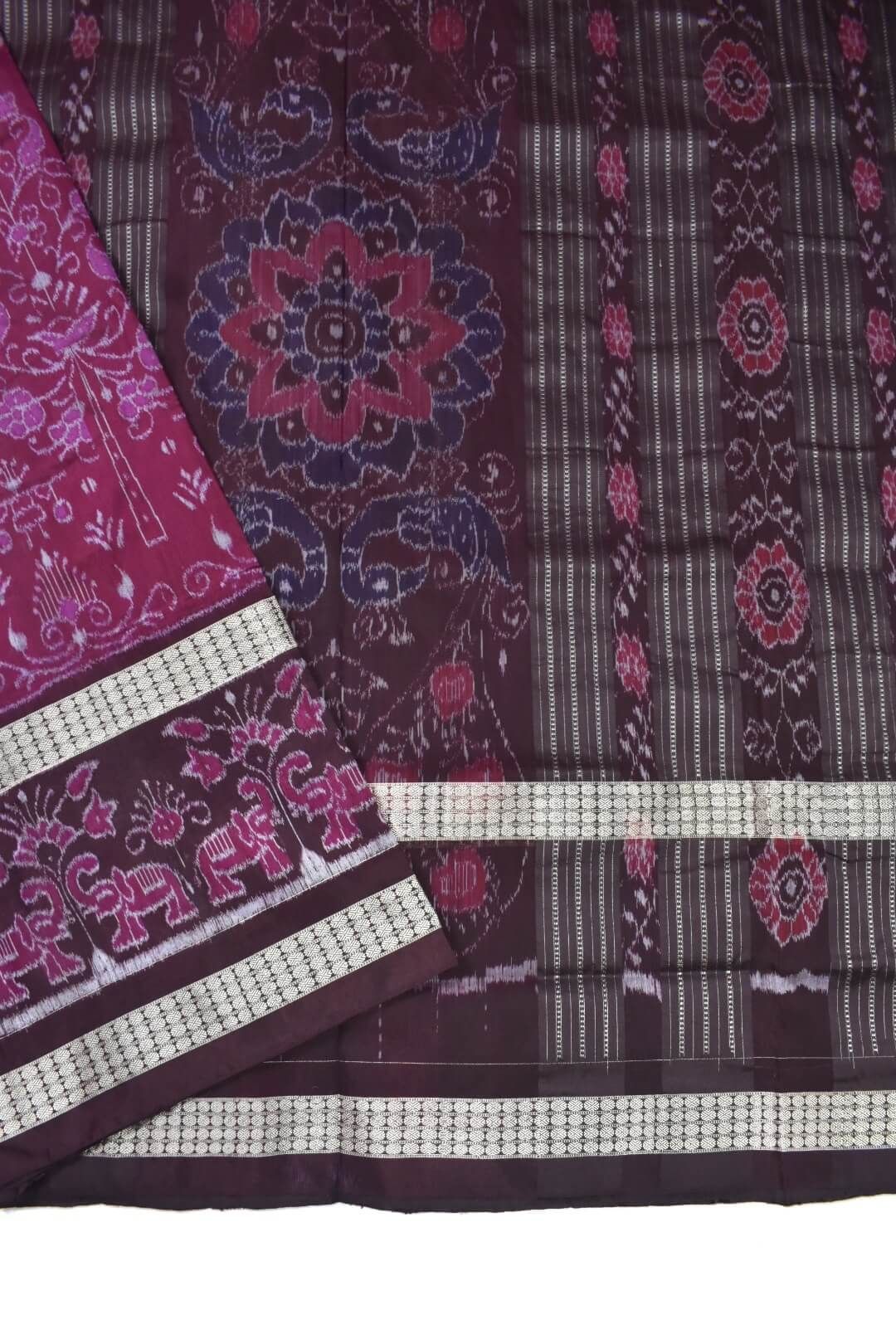 Pink-Brown Colour Double Border Sambalpuri Handloom Bandha Silk Saree - Image 3