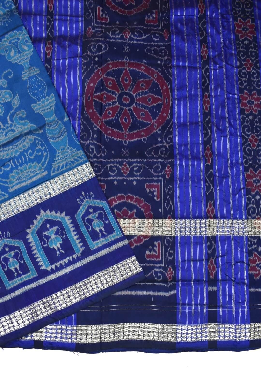 Sky Blue Colour Double Border Sambalpuri Handloom Bandha Silk Saree - Image 3