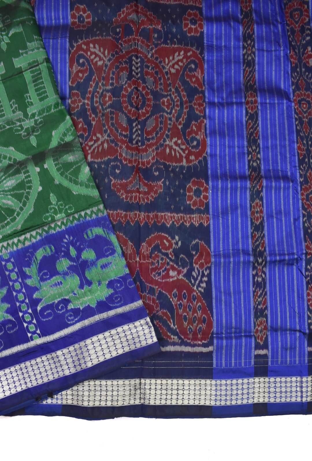 Green-Blue Colour Double Border Sambalpuri Handloom Bandha Silk Saree - Image 3