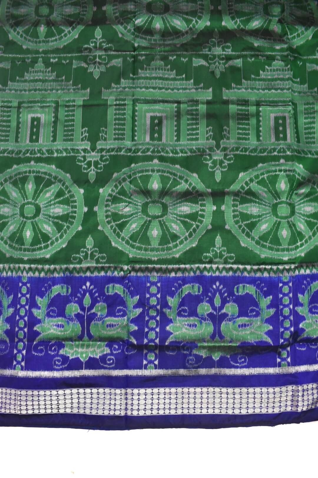 Green-Blue Colour Double Border Sambalpuri Handloom Bandha Silk Saree - Image 4