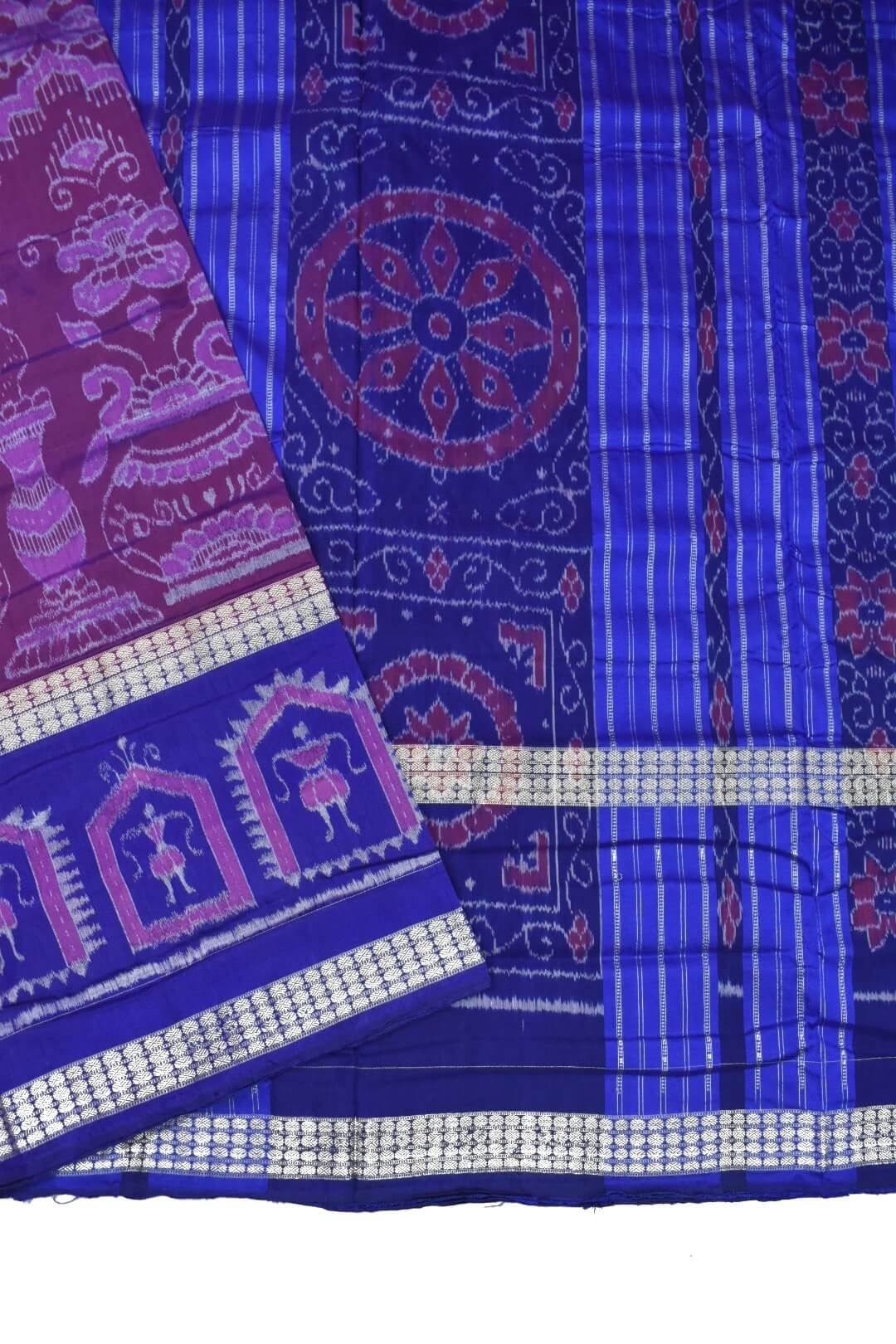 Pink-Blue Colour Double Border Sambalpuri Handloom Bandha Silk Saree - Image 3