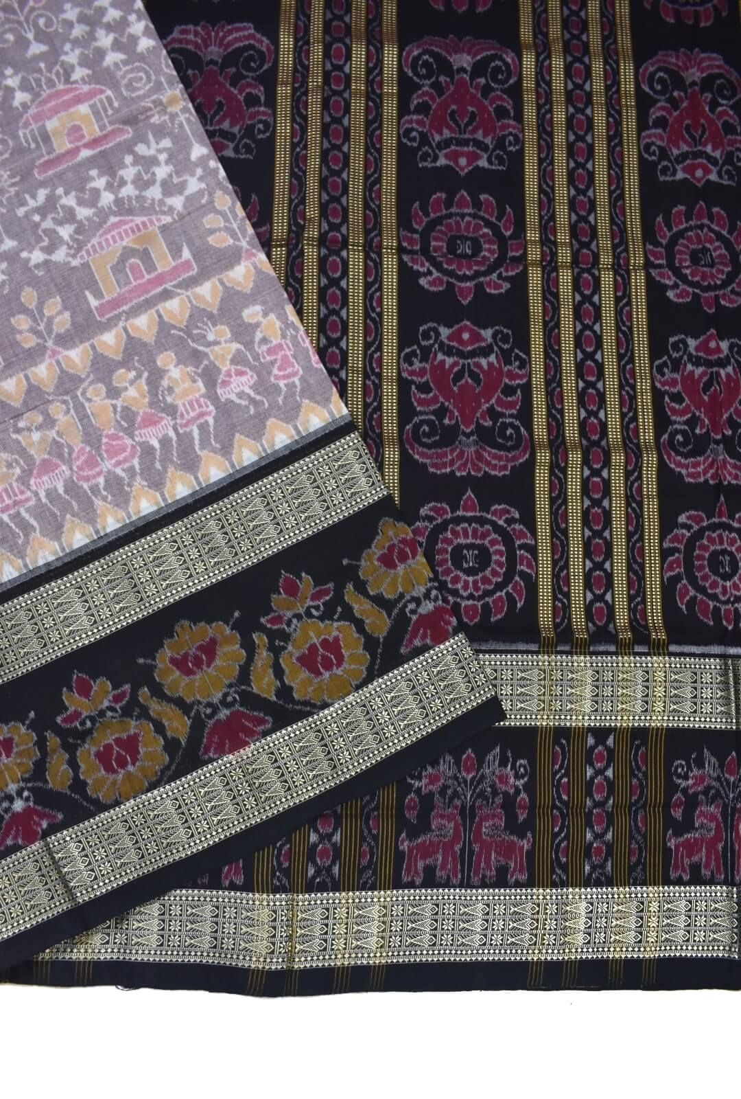 Peach-Black Colour Tribal Design Sambalpuri Handloom Cotton Bandha Saree - Image 3