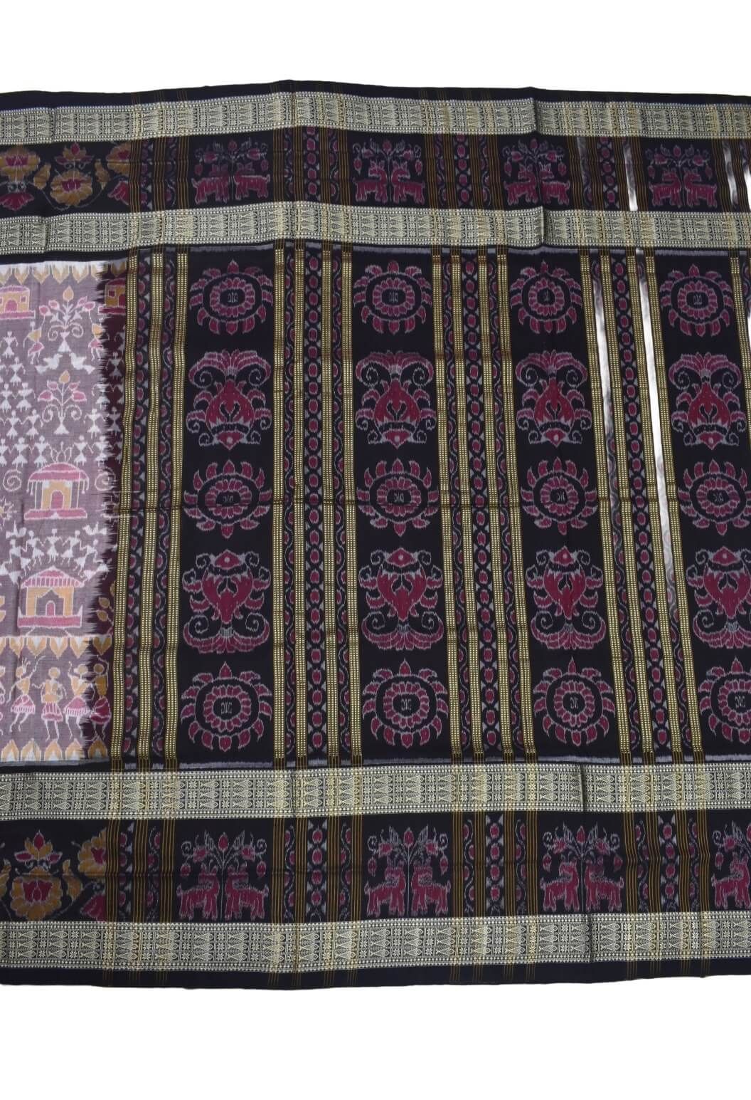 Peach-Black Colour Tribal Design Sambalpuri Handloom Cotton Bandha Saree - Image 2
