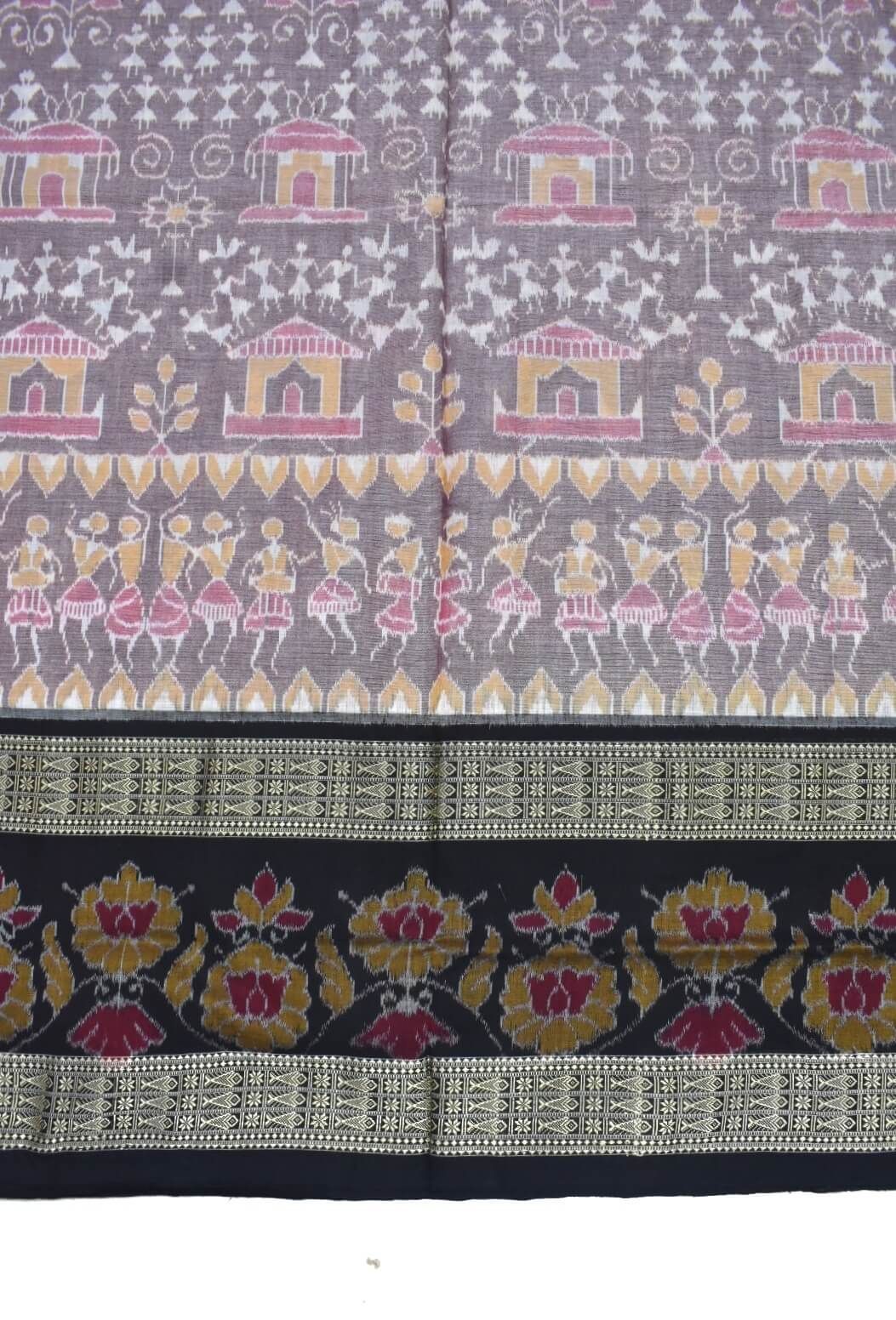 Peach-Black Colour Tribal Design Sambalpuri Handloom Cotton Bandha Saree - Image 4