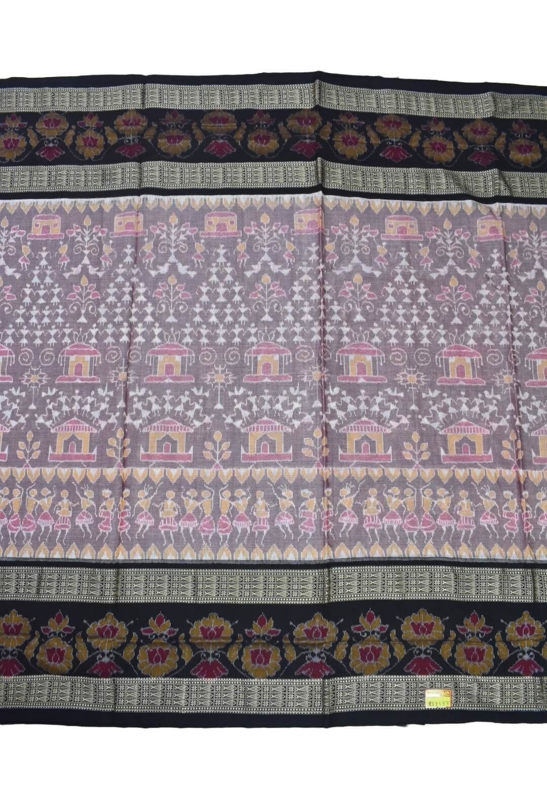 Peach-Black Colour Tribal Design Sambalpuri Handloom Cotton Bandha Saree