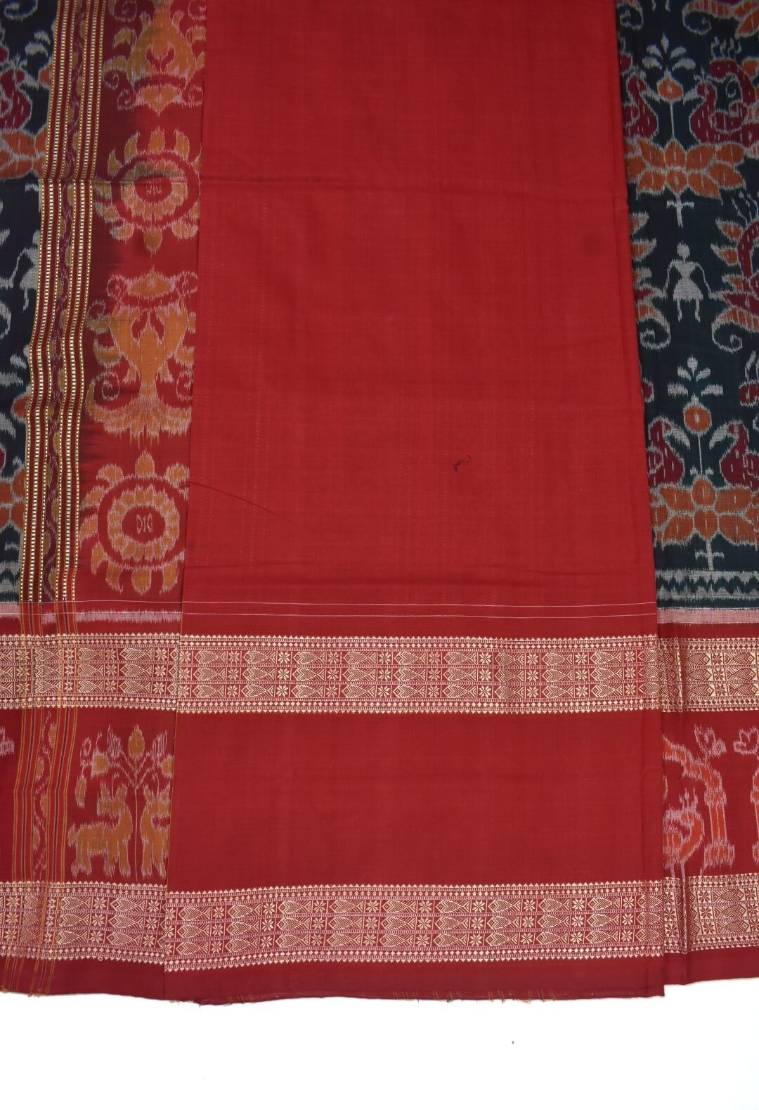Black-Red Colour Double Border Sambalpuri Handloom Cotton Bandha Saree - Image 5