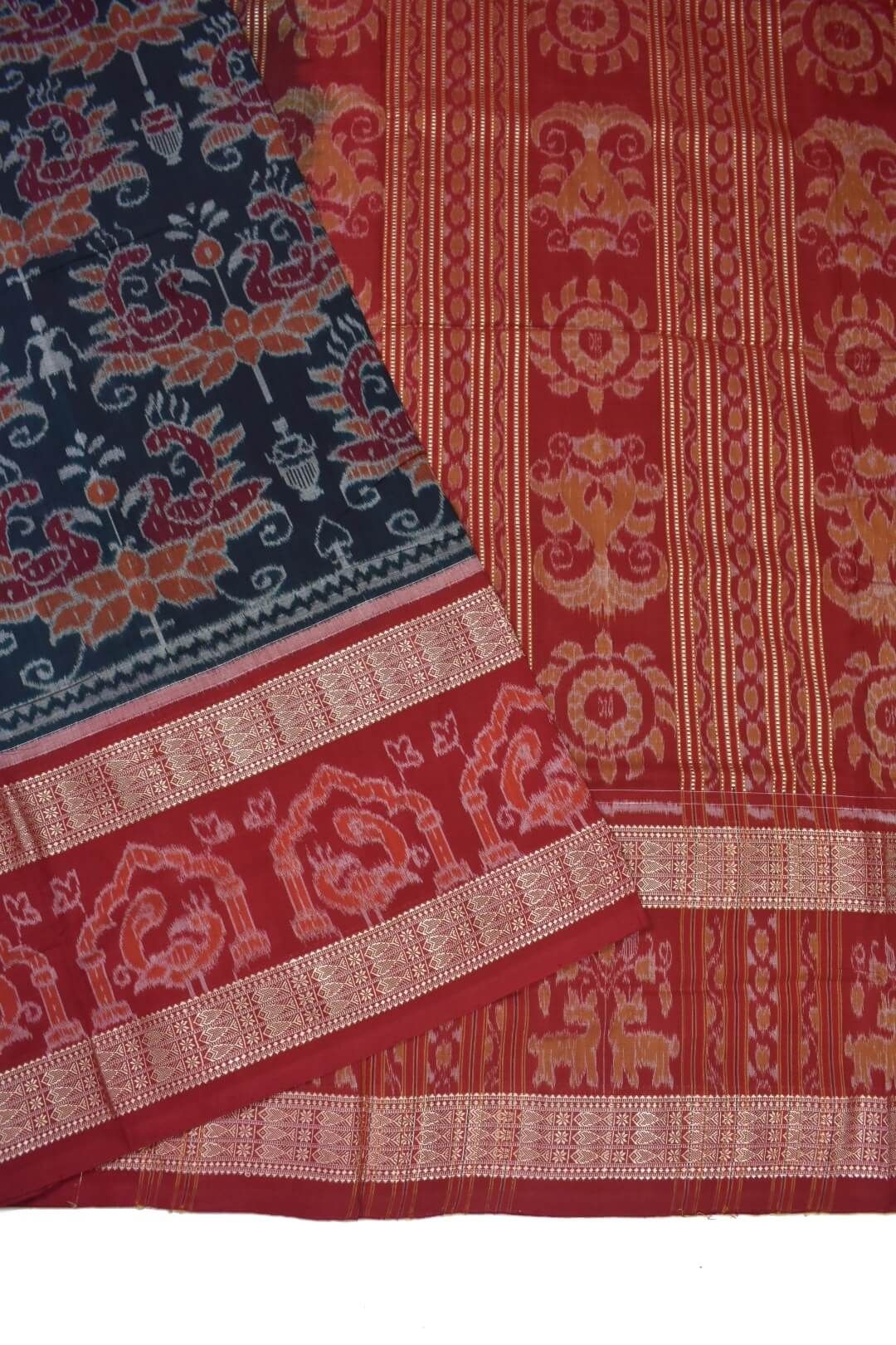 Black-Red Colour Double Border Sambalpuri Handloom Cotton Bandha Saree - Image 3