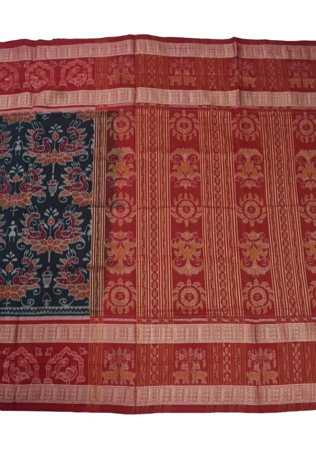 Black-Red Colour Double Border Sambalpuri Handloom Cotton Bandha Saree - Image 2