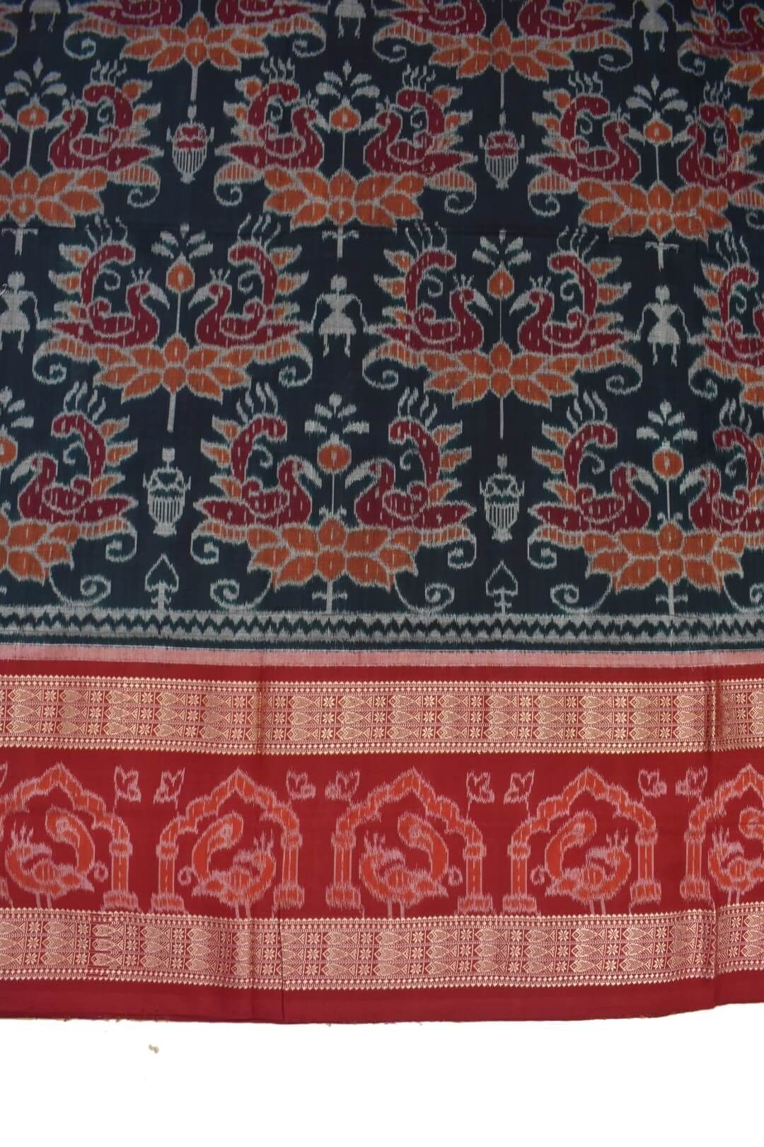 Black-Red Colour Double Border Sambalpuri Handloom Cotton Bandha Saree - Image 4