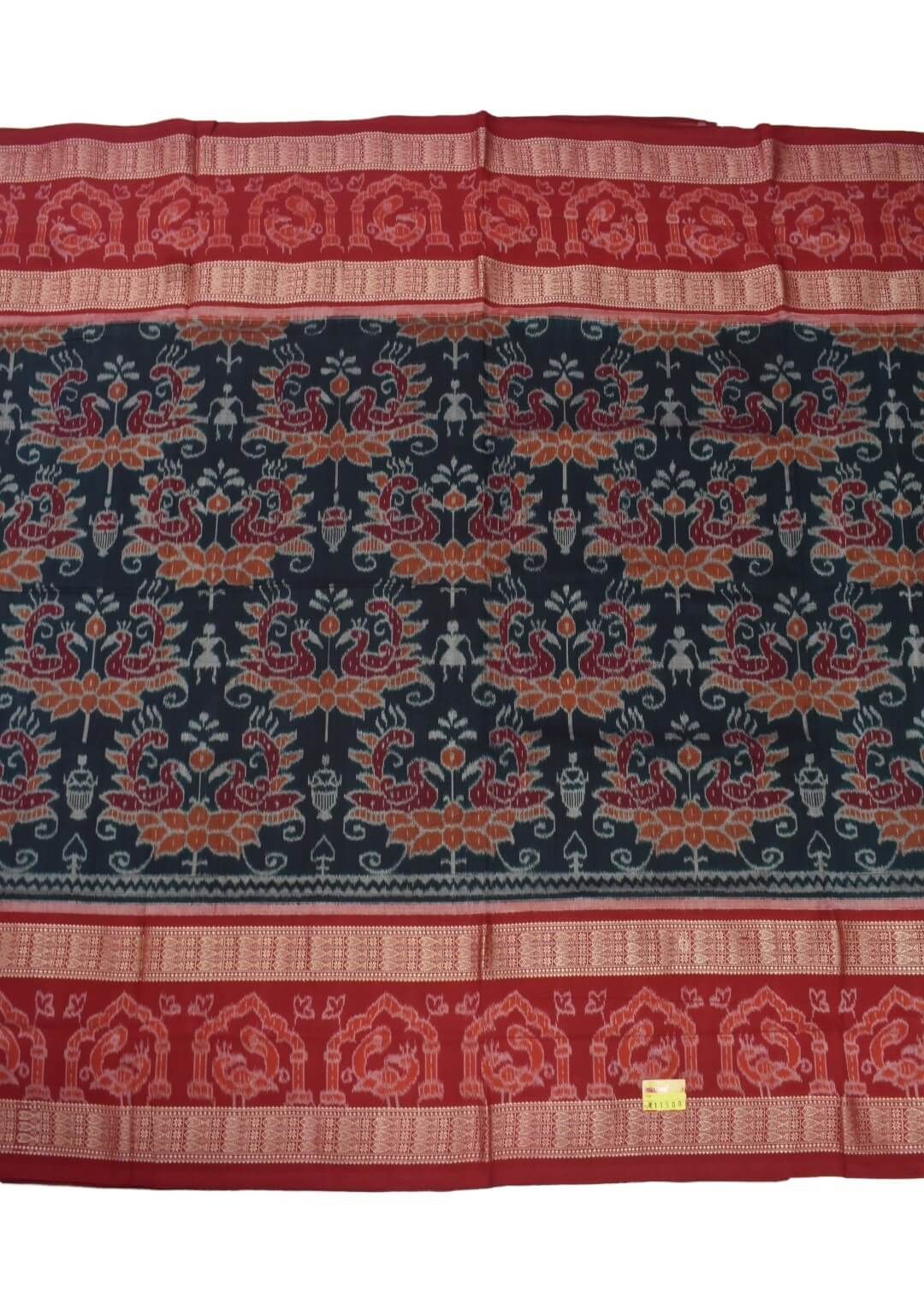 Black-Red Colour Double Border Sambalpuri Handloom Cotton Bandha Saree