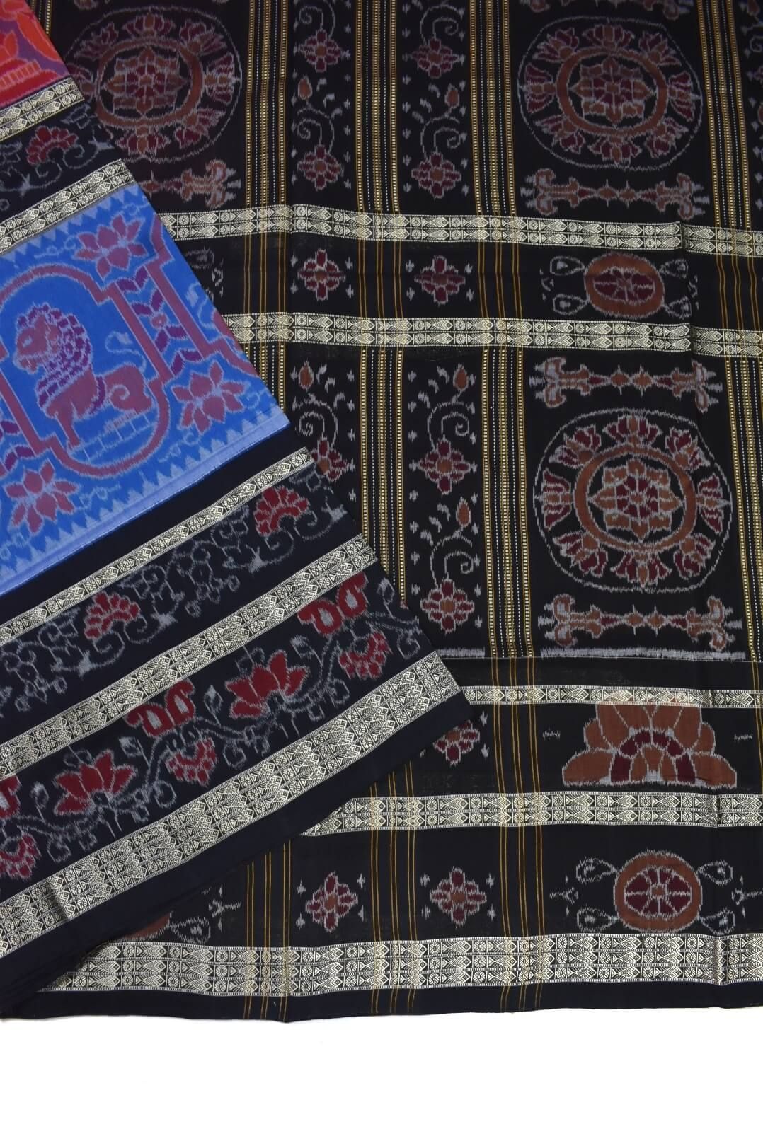 Red-Blue Colour Double Border Sambalpuri Handloom Cotton Bandha Saree - Image 3