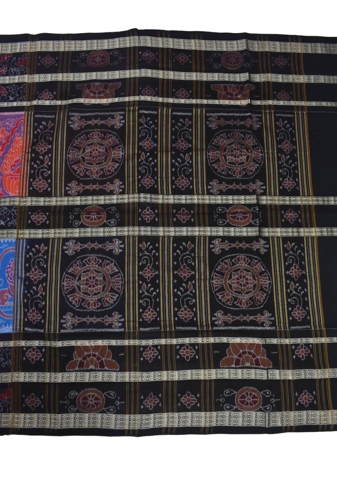 Red-Blue Colour Double Border Sambalpuri Handloom Cotton Bandha Saree - Image 2