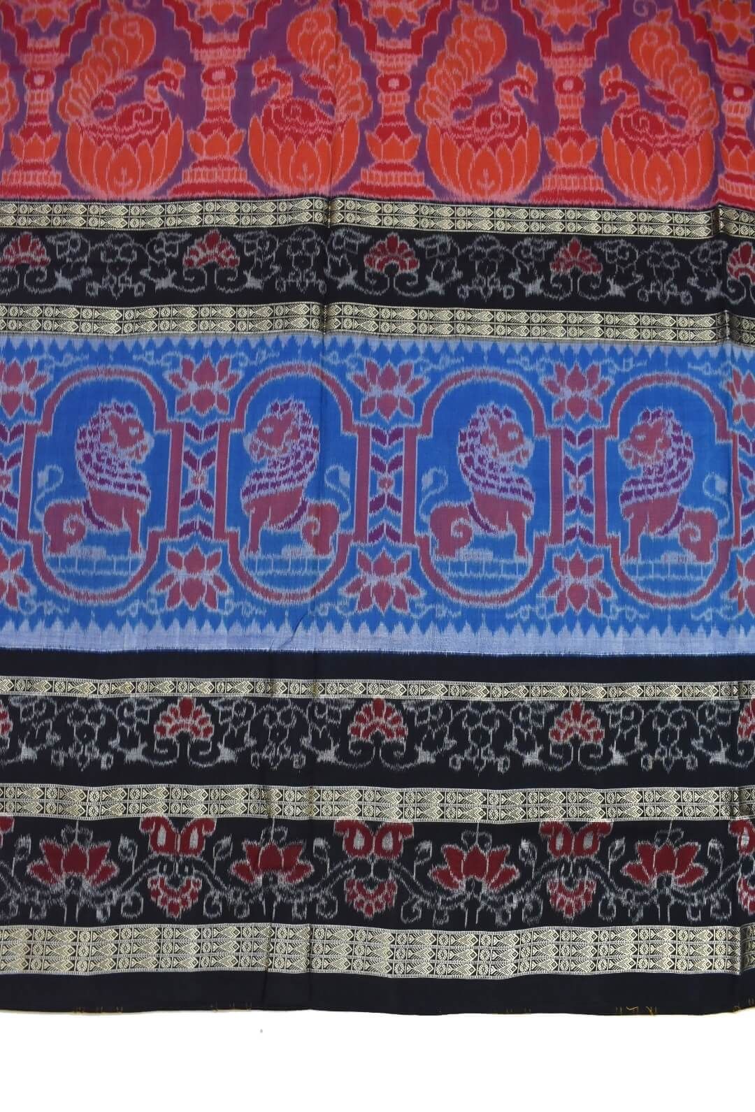 Red-Blue Colour Double Border Sambalpuri Handloom Cotton Bandha Saree - Image 4
