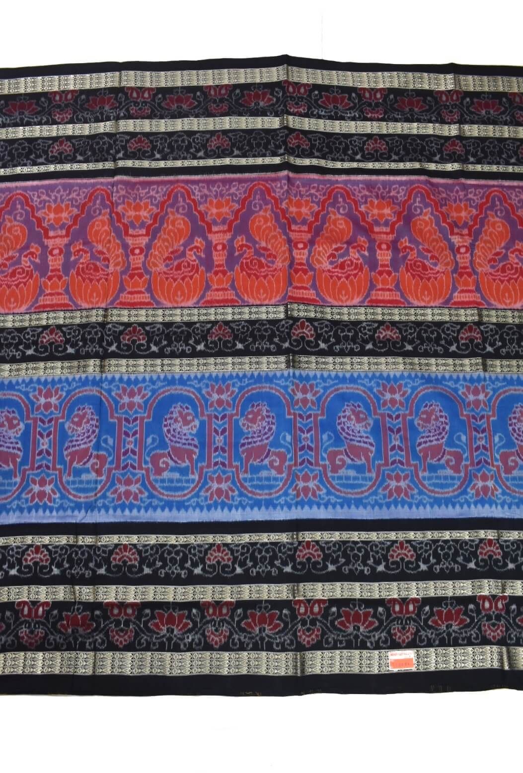 Red-Blue Colour Double Border Sambalpuri Handloom Cotton Bandha Saree