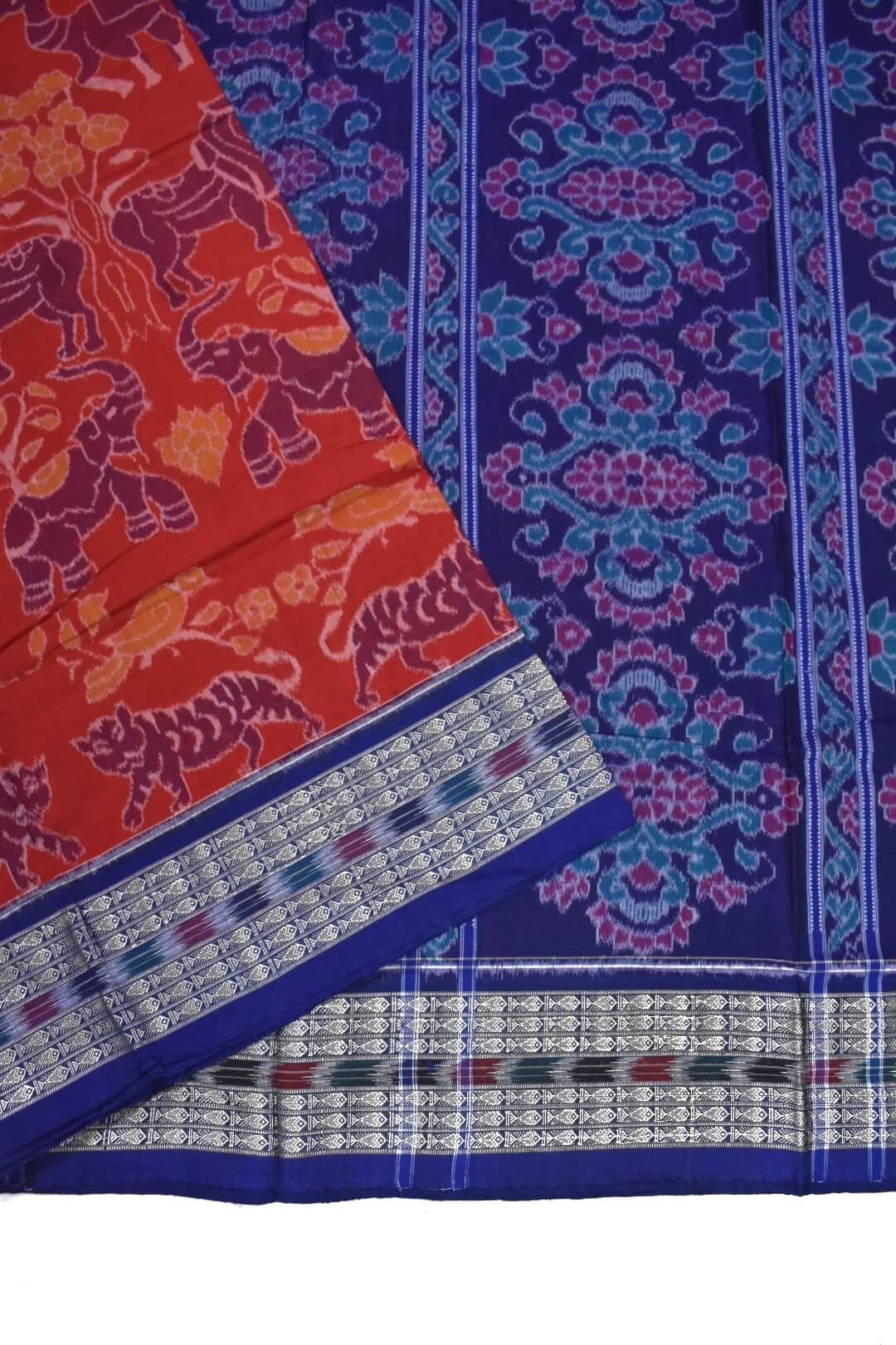 Red Colour Sambalpuri Handloom Cotton Bandha Saree - Image 3