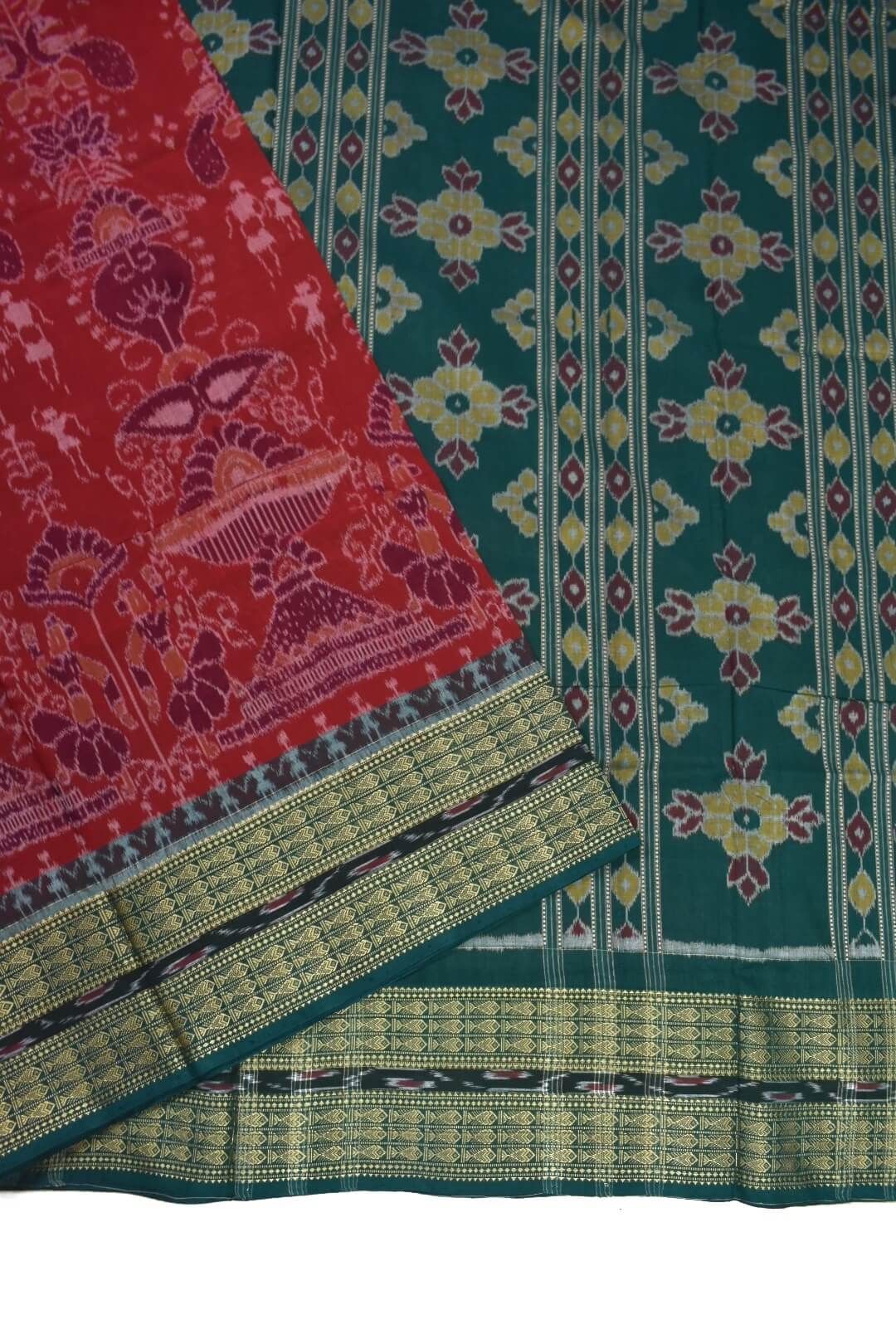 Red Colour Sambalpuri Handloom Cotton Bandha Saree - Image 3