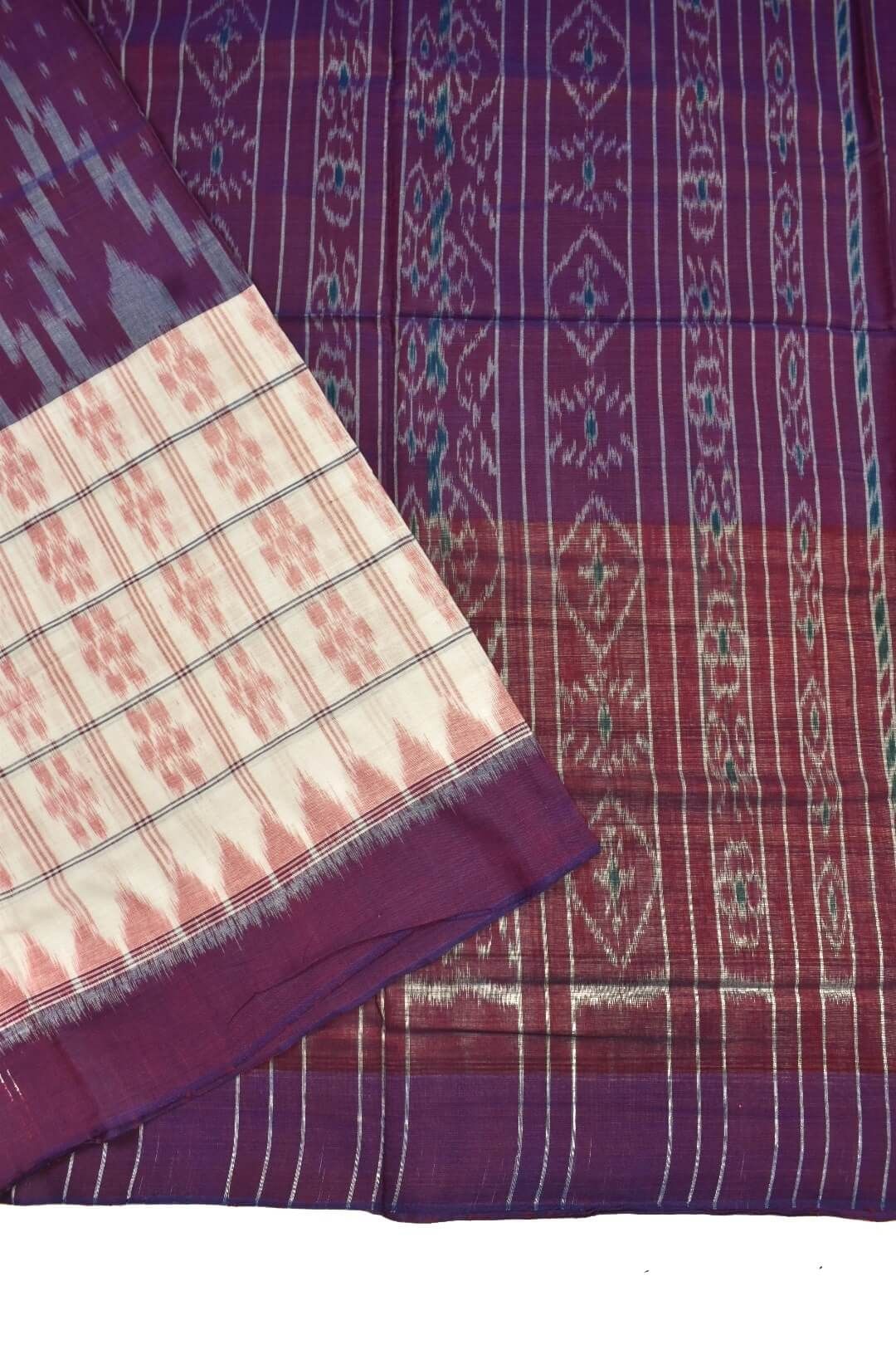 Purple-White Colour Sambalpuri Handloom Cotton Saree - Image 3