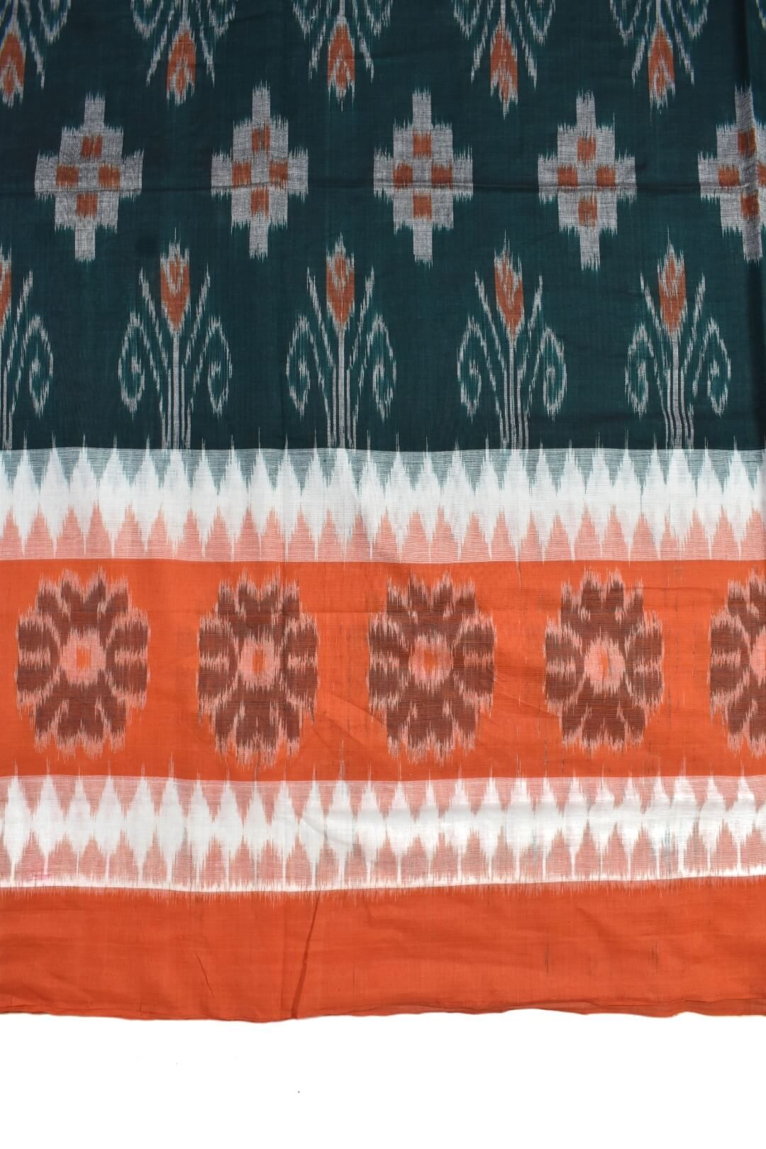 Orange-Green Colour Sambalpuri Handloom Cotton Saree - Image 4