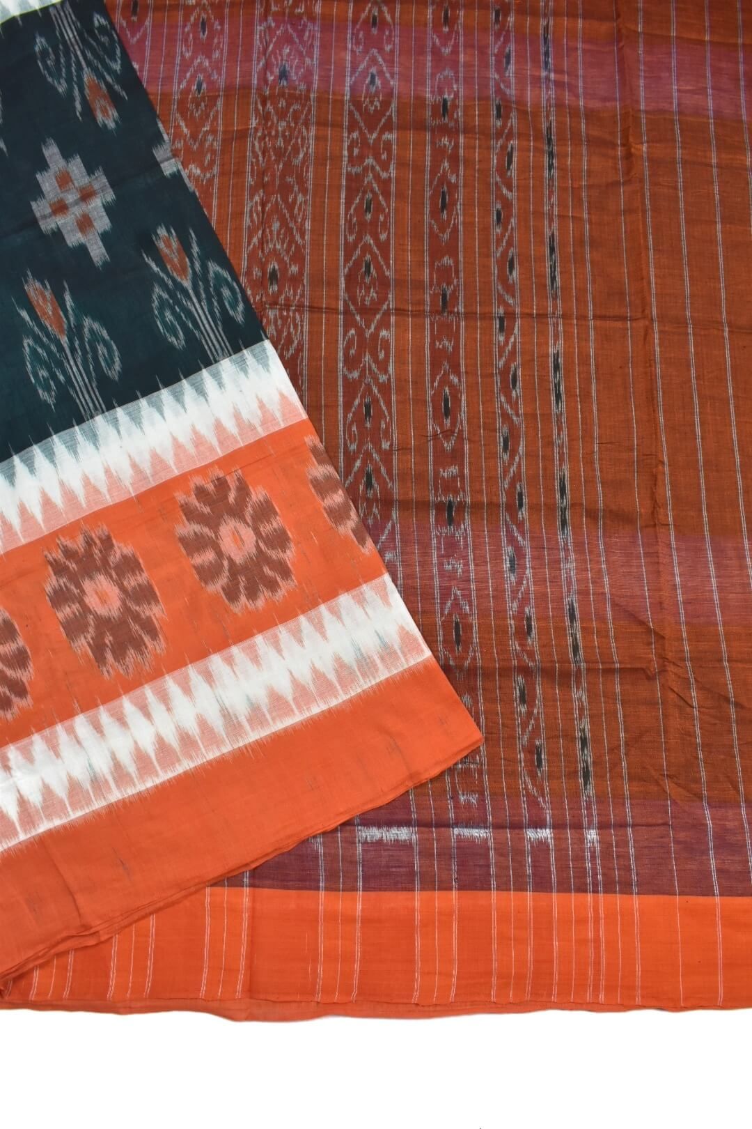 Orange-Green Colour Sambalpuri Handloom Cotton Saree - Image 3
