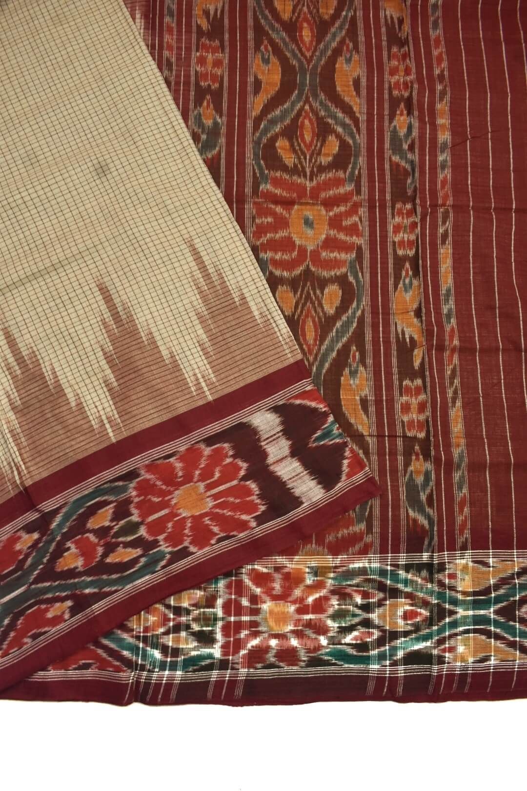 Cream Colour Sambalpuri Handloom Cotton Saree - Image 3