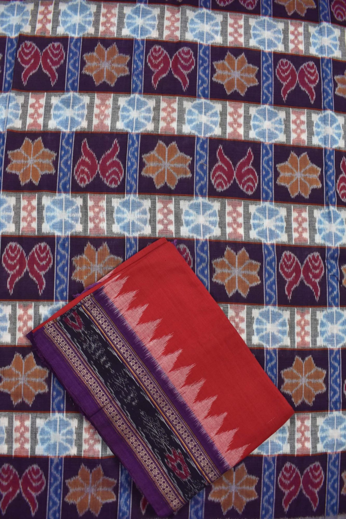Orange-Red Colour Sambalpuri Handloom Cotton Dress Material - Image 3