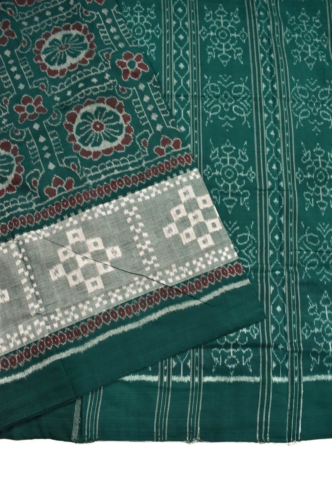Green Colour Plane Border Sambalpuri Handloom Cotton Saree - Image 3